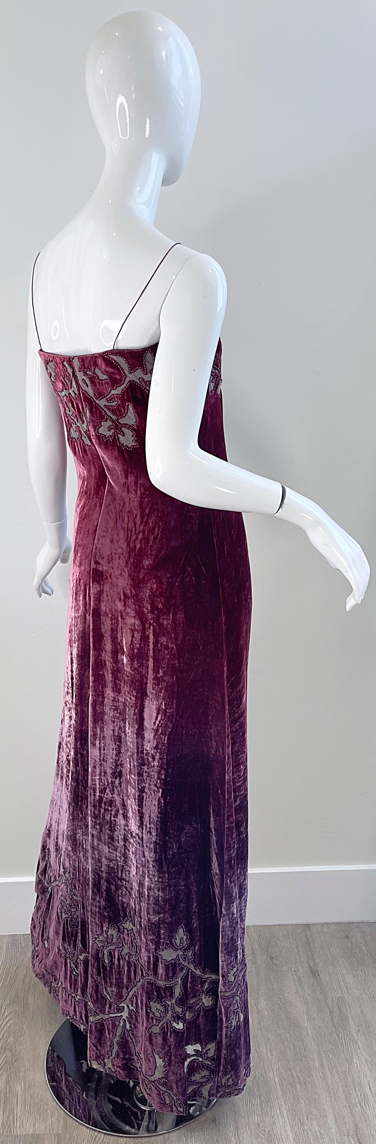 NWT 1990s HALSTON Burgundy Ombré Silk Burnout Velvet Devore Beaded 90s Gown  For Sale 3