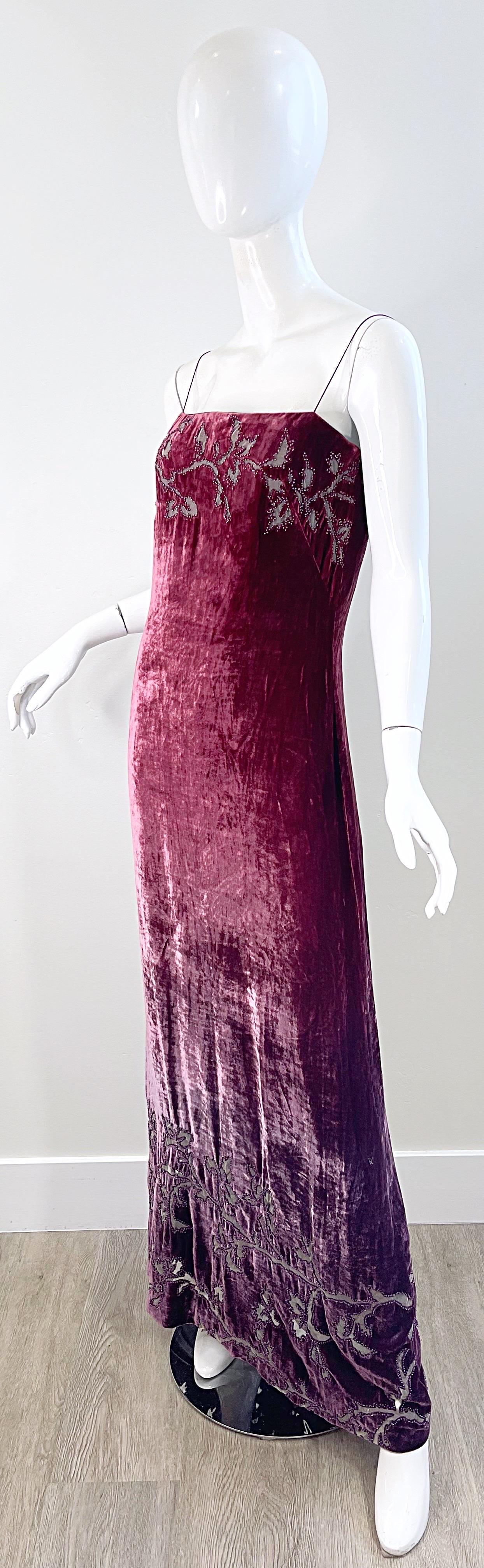 NWT 1990s HALSTON Burgundy Ombré Silk Burnout Velvet Devore Beaded 90s Gown  For Sale 4