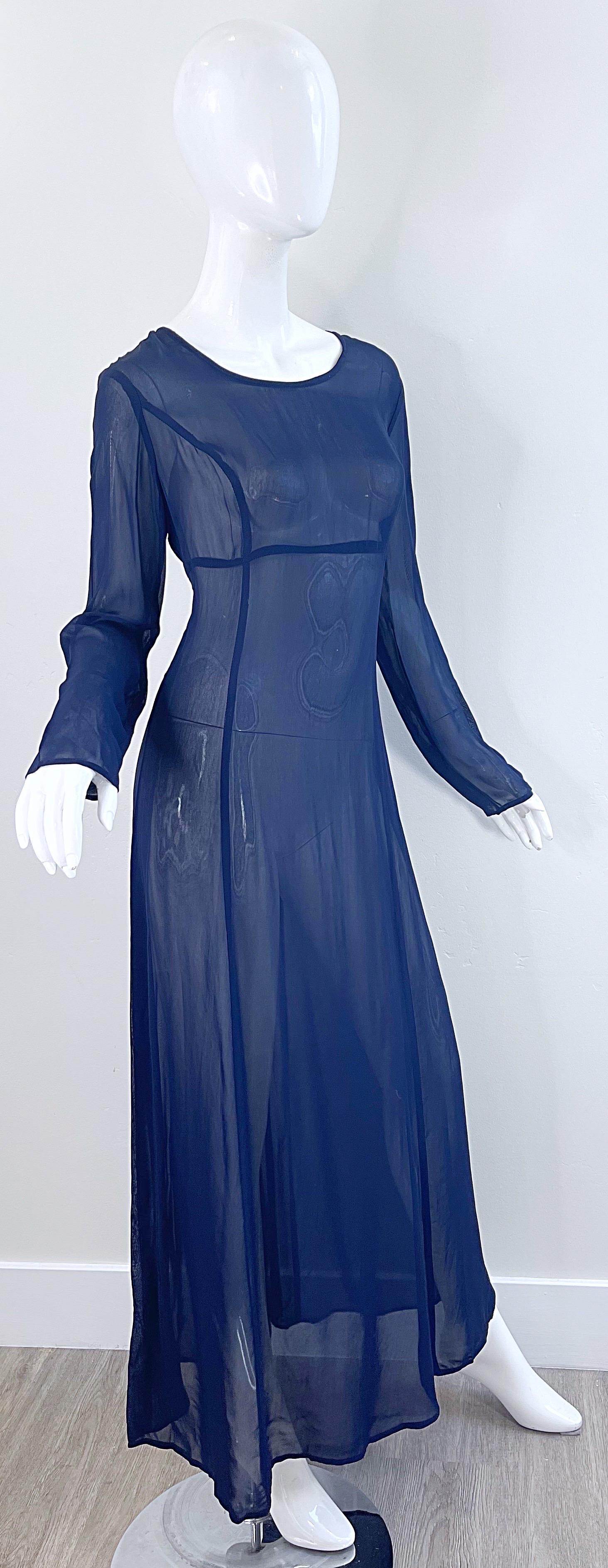 NWT 1990s I Magnin Size 10 Sheer Navy Blue Long Sleeve Vintage 90s Maxi Dress For Sale 6
