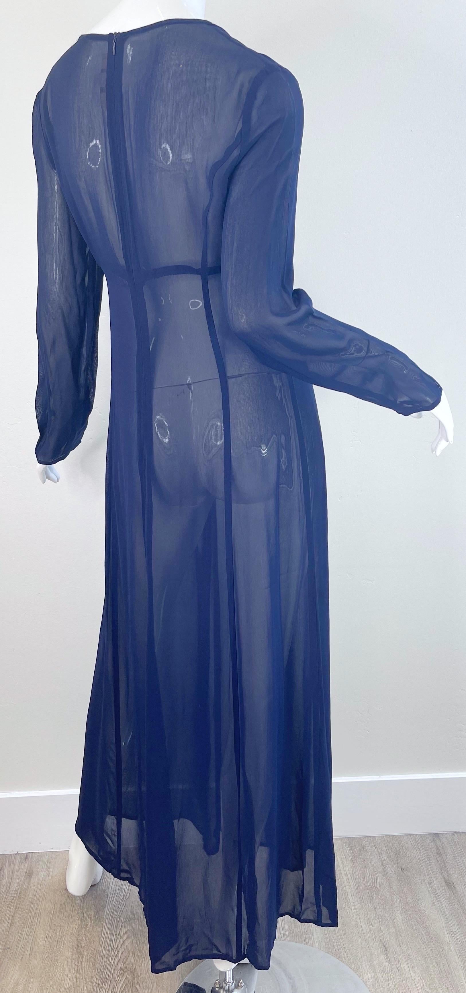 NWT 1990s I Magnin Size 10 Sheer Navy Blue Long Sleeve Vintage 90s Maxi Dress For Sale 7
