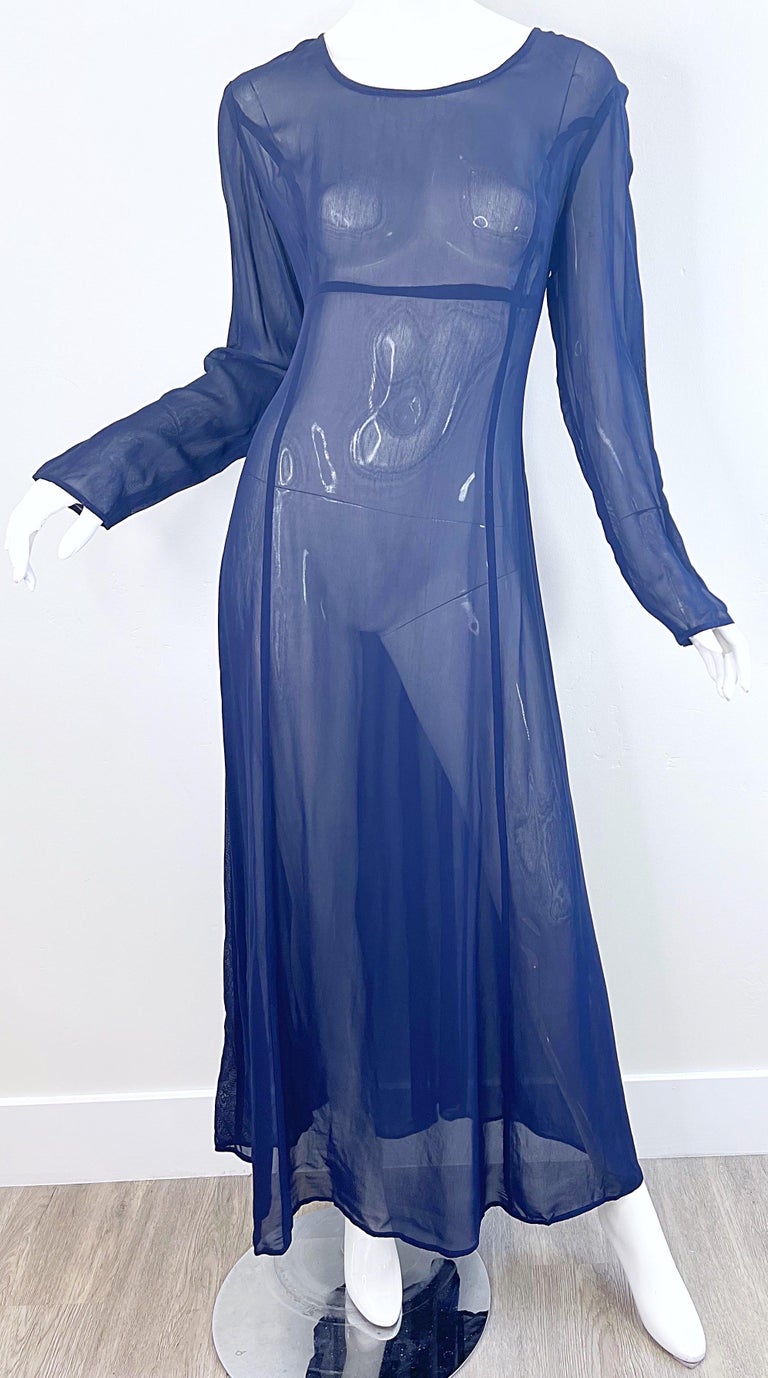 Nwt 1990s I Magnin Size 10 Sheer Navy Blue Long Sleeve Vintage 90s Maxi Dress