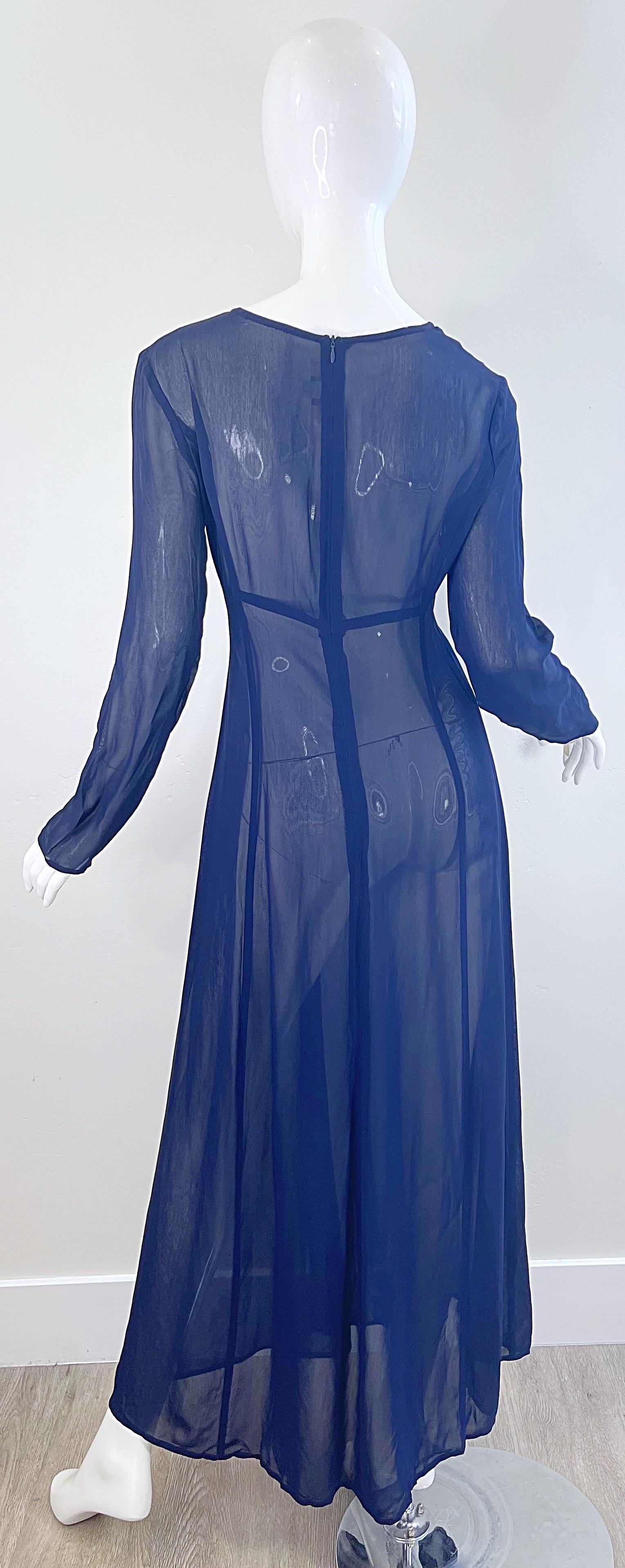NWT 1990s I Magnin Size 10 Sheer Navy Blue Long Sleeve Vintage 90s Maxi Dress For Sale 9