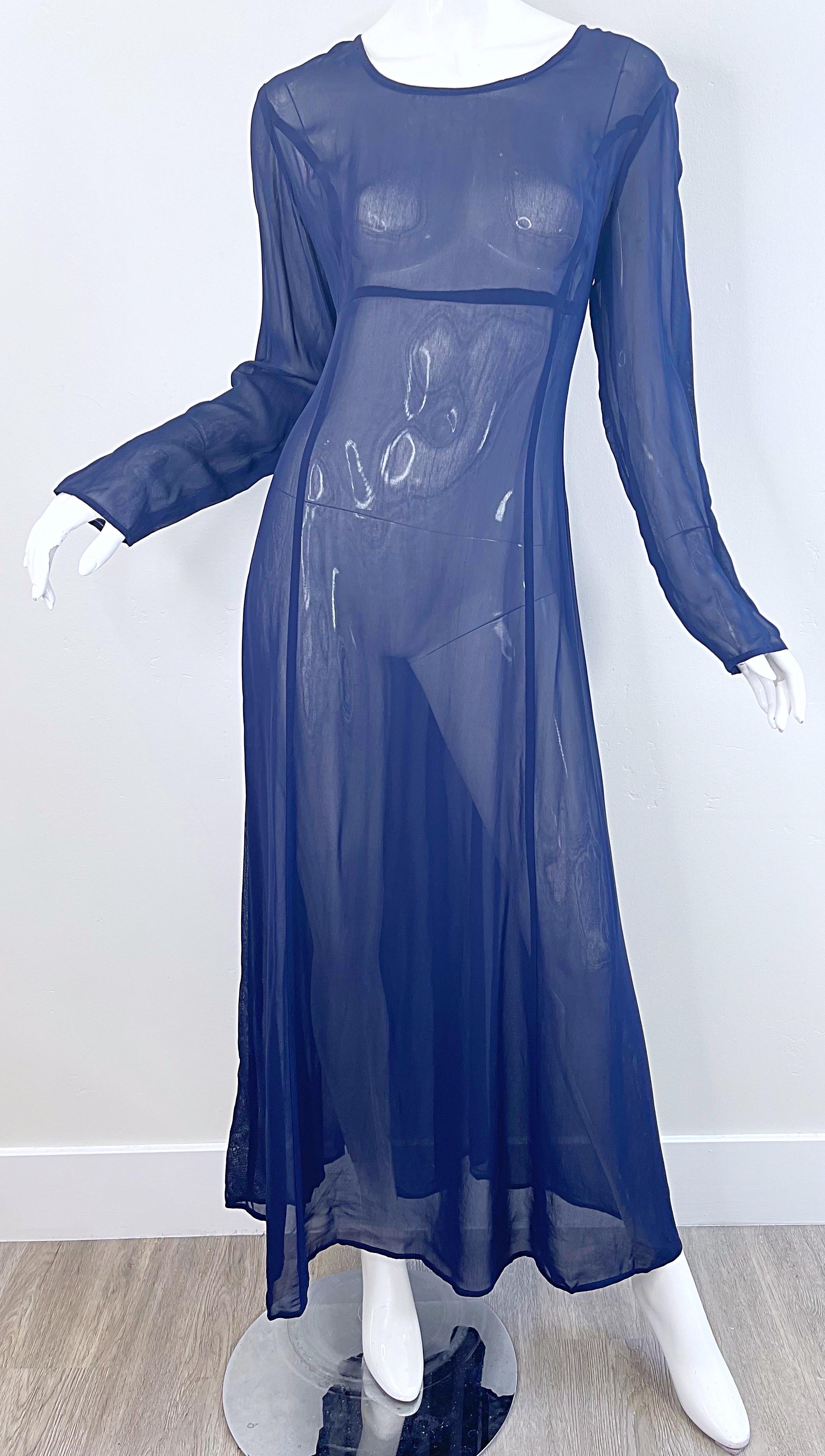 NWT 1990s I Magnin Size 10 Sheer Navy Blue Long Sleeve Vintage 90s Maxi Dress For Sale 10
