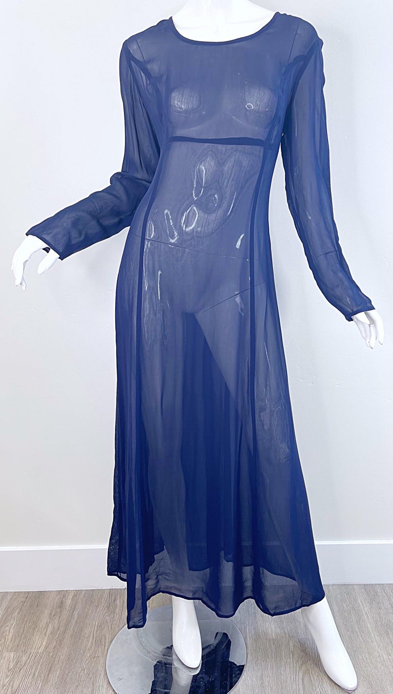 Nwt 1990s I Magnin Size 10 Sheer Navy Blue Long Sleeve Vintage 90s Maxi Dress Nwt 1990s I Magnin Size 10 Sheer Navy Blue Long Sleeve Vintage 90s Maxi Dress