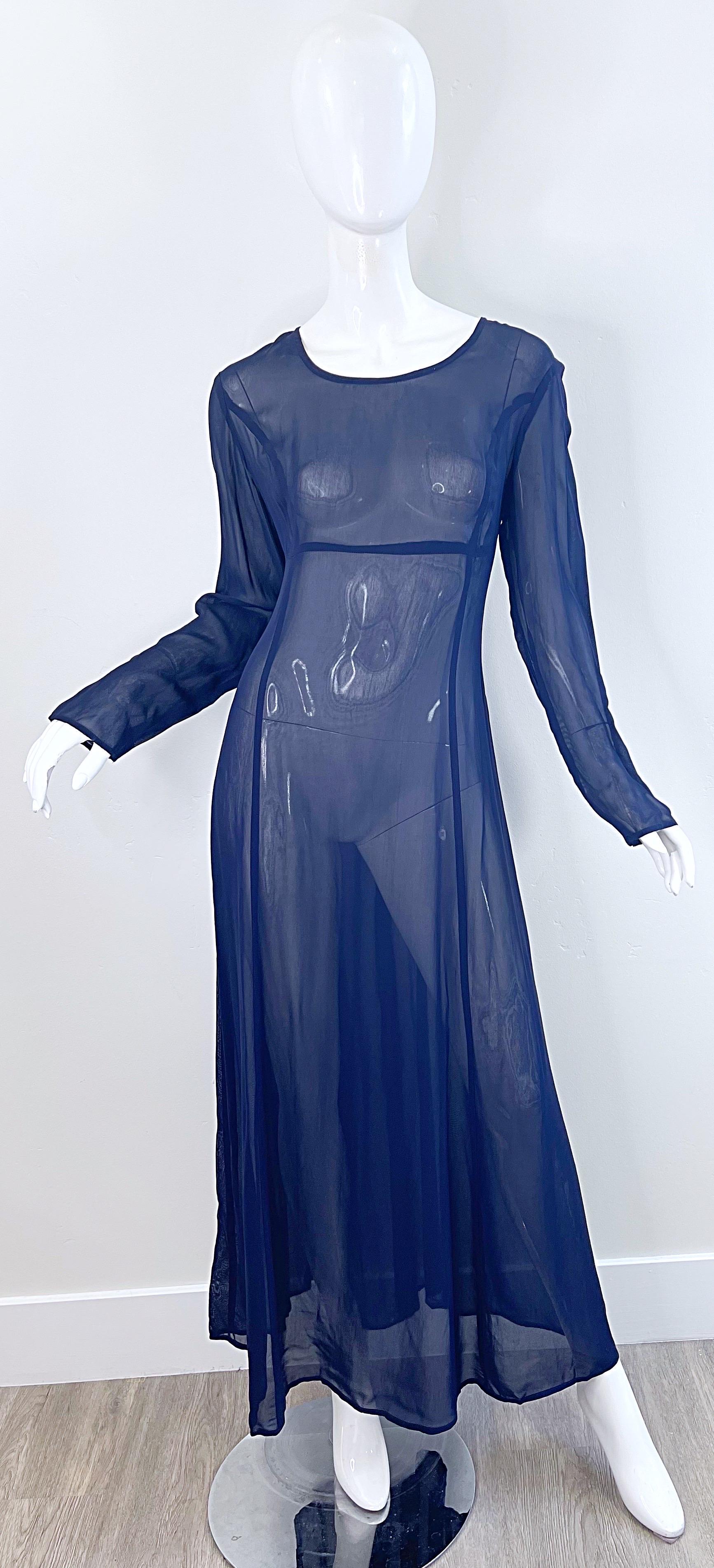 NWT 1990s I Magnin Size 10 Sheer Navy Blue Long Sleeve Vintage 90s Maxi Dress In New Condition For Sale In San Diego, CA
