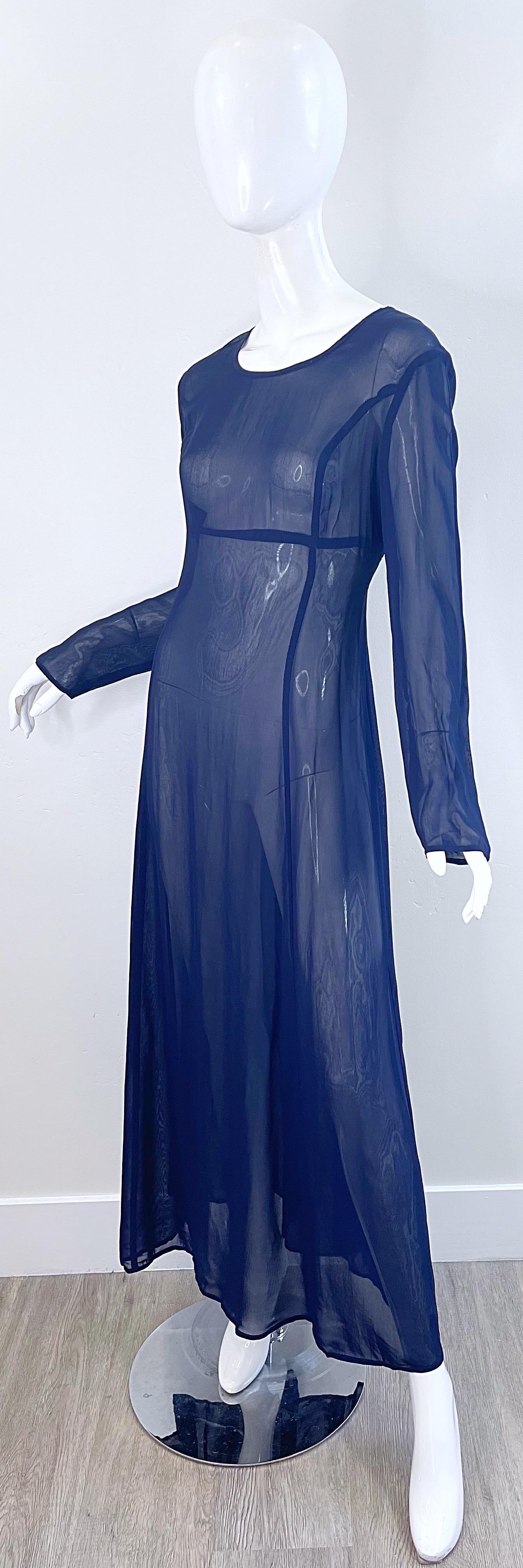 NWT 1990s I Magnin Size 10 Sheer Navy Blue Long Sleeve Vintage 90s Maxi Dress For Sale 1