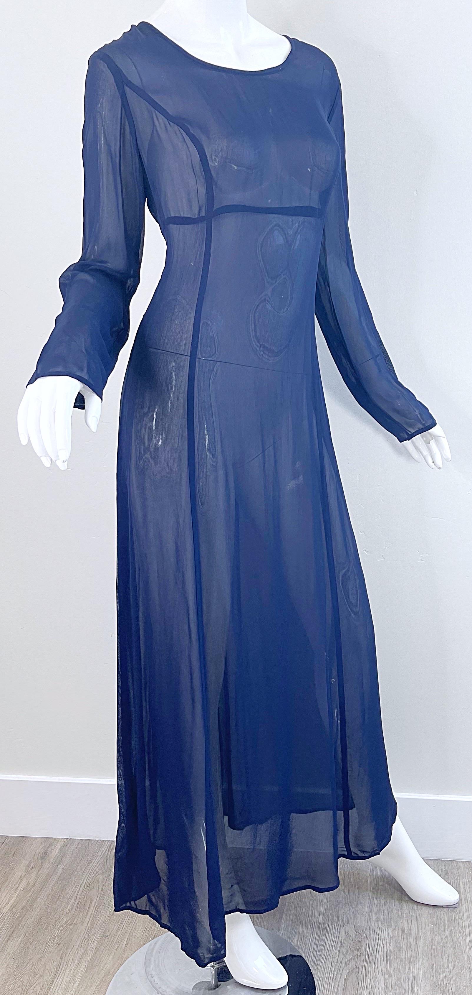 NWT 1990s I Magnin Size 10 Sheer Navy Blue Long Sleeve Vintage 90s Maxi Dress For Sale 2