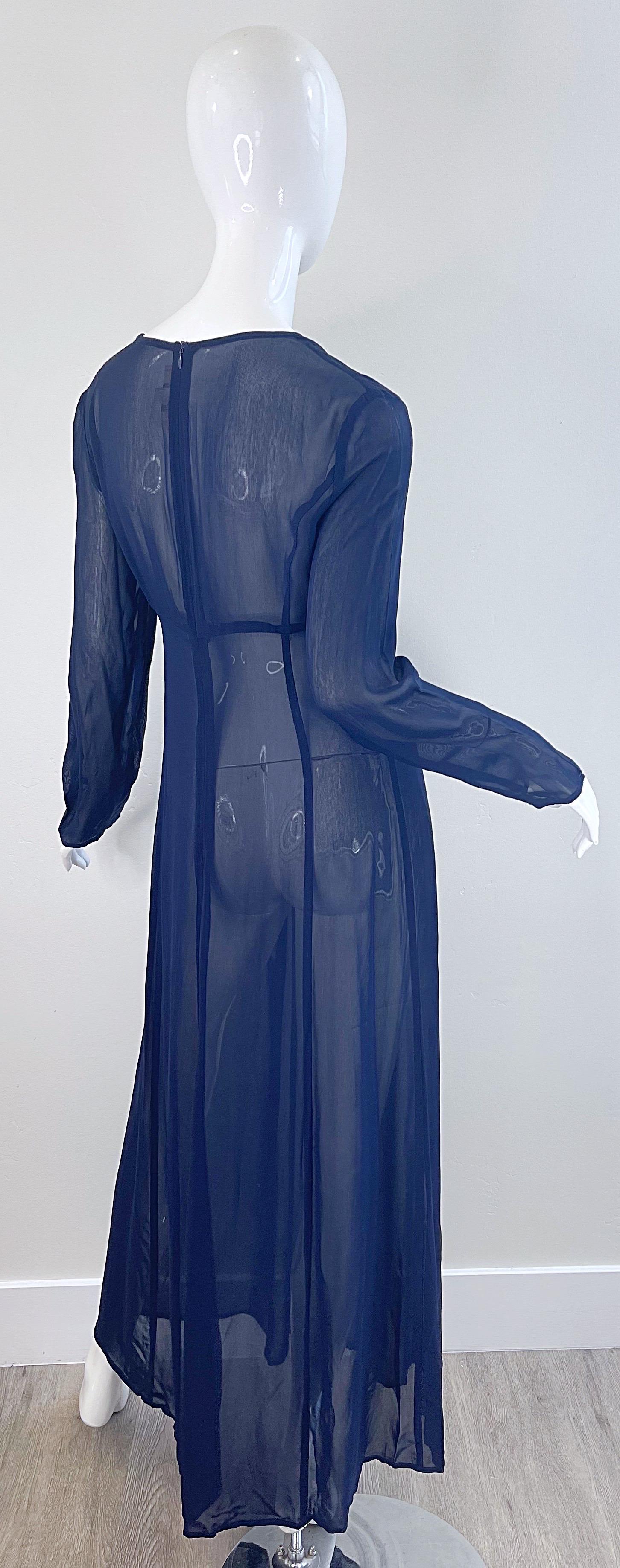 NWT 1990s I Magnin Size 10 Sheer Navy Blue Long Sleeve Vintage 90s Maxi Dress For Sale 3
