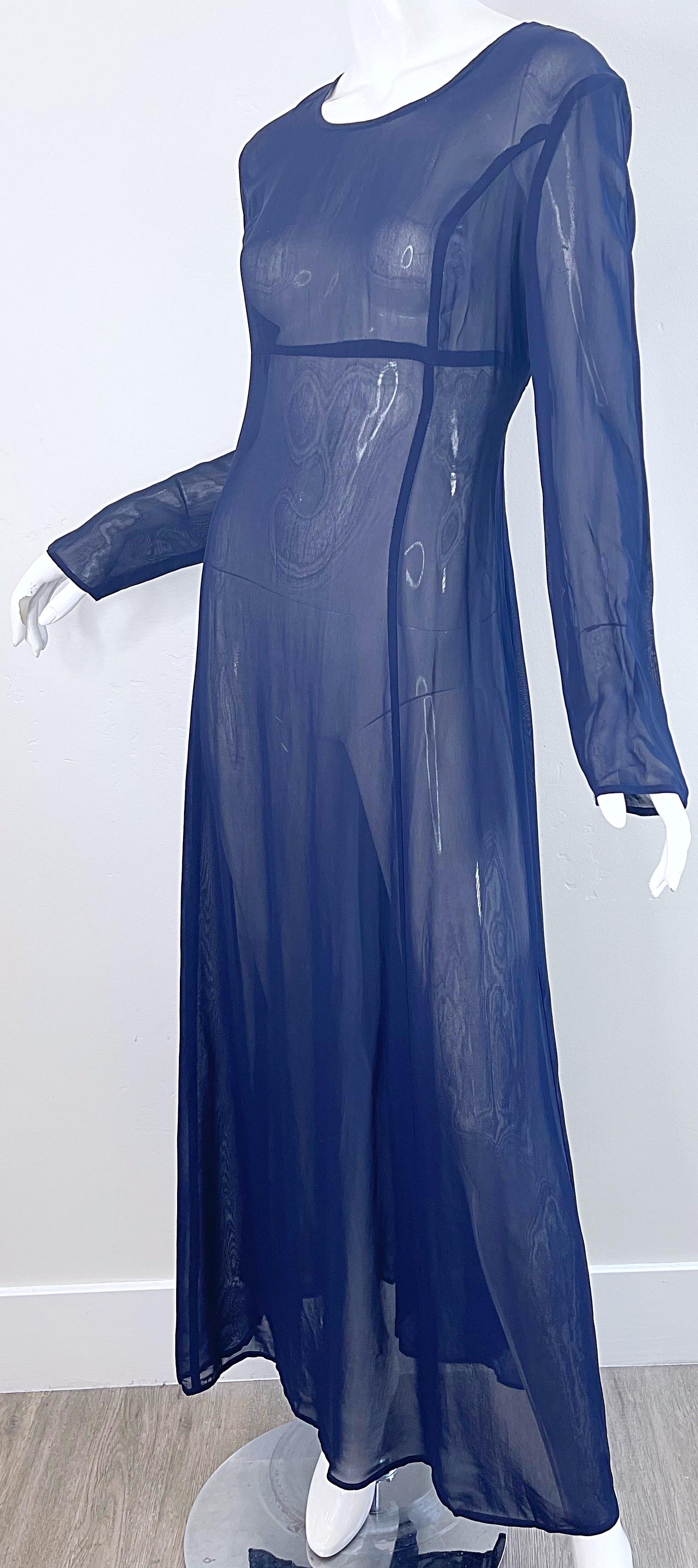 NWT 1990s I Magnin Size 10 Sheer Navy Blue Long Sleeve Vintage 90s Maxi Dress For Sale 4