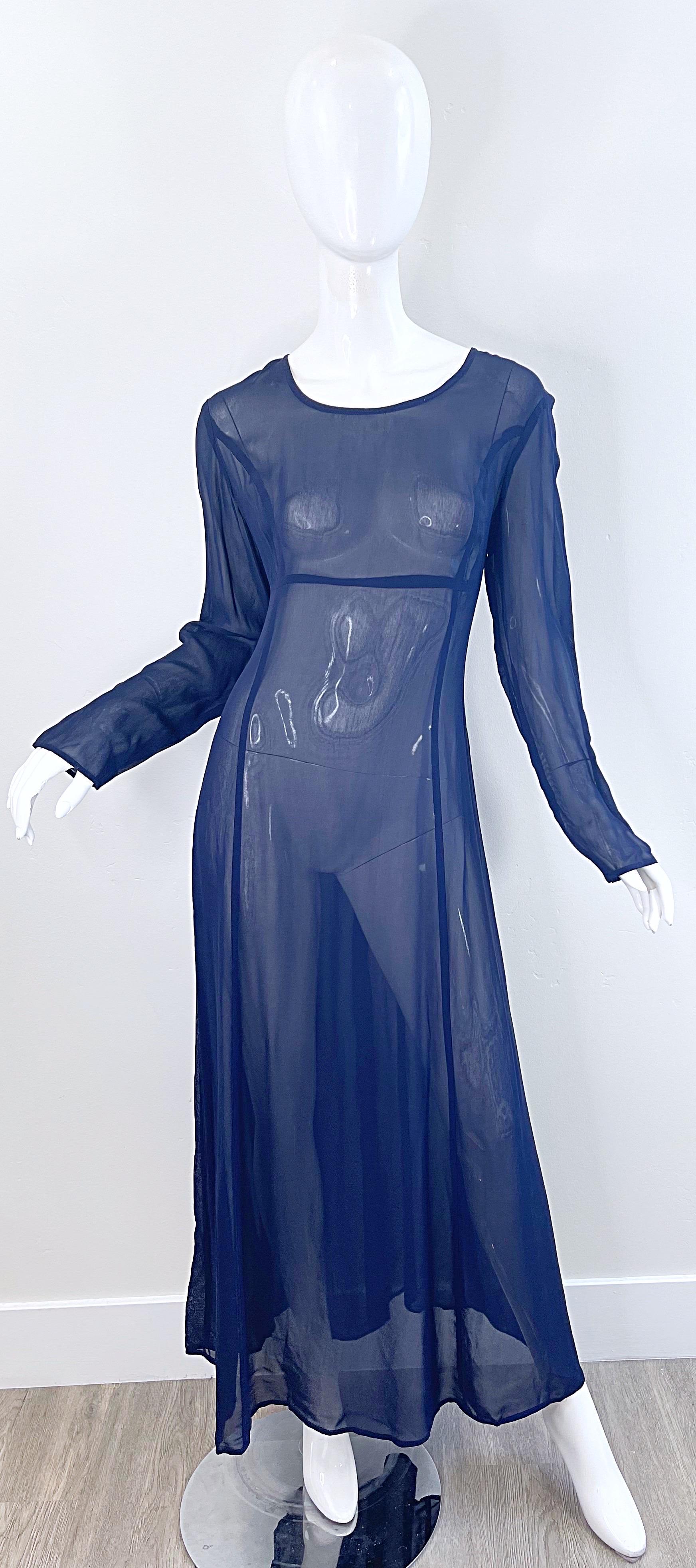 NWT 1990s I Magnin Size 10 Sheer Navy Blue Long Sleeve Vintage 90s Maxi Dress For Sale 5