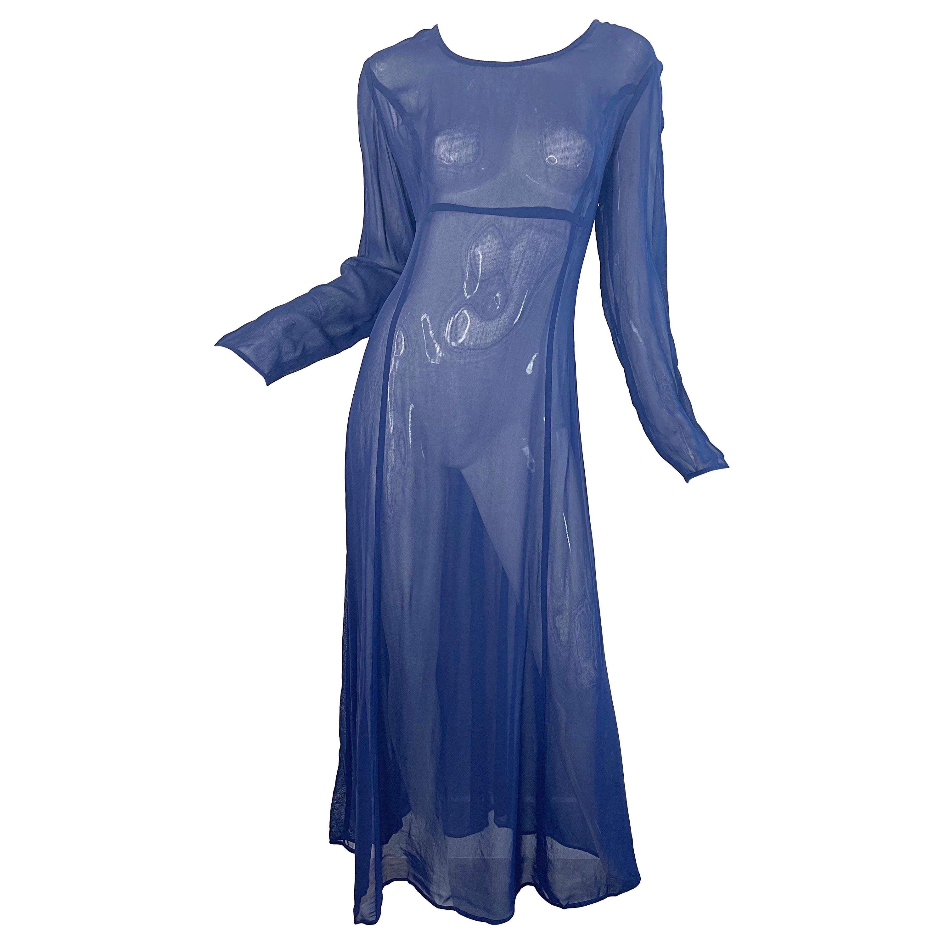 NWT 1990 I. Magnin Taglia 10 Vestito Maxi Vintage anni '90 con maniche lunghe e trasparenti blu navy in vendita