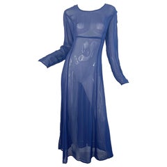 NWT 1990 I. Magnin Taglia 10 Vestito Maxi Vintage anni '90 con maniche lunghe e trasparenti blu navy