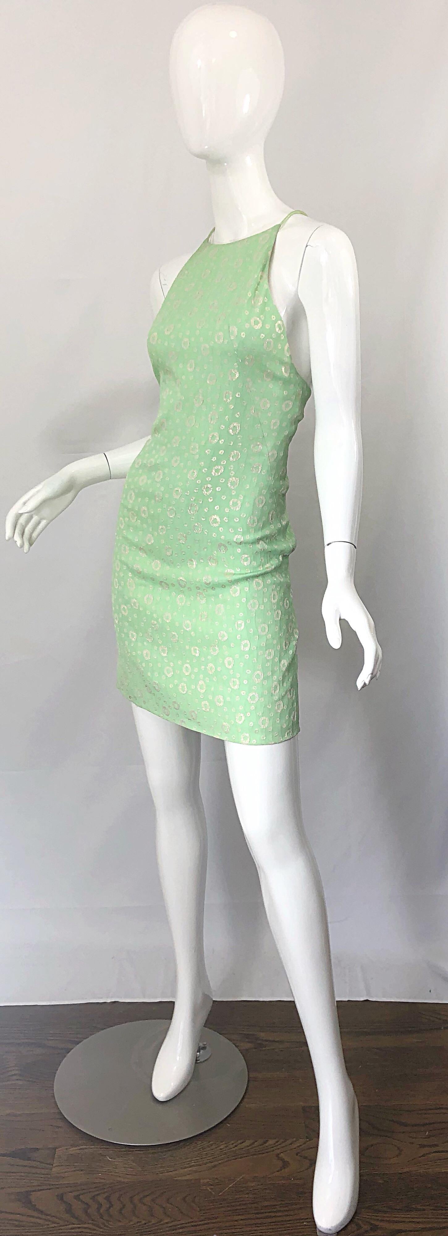 NWT 1990s James Purcell Size 4 / 6 Mint Sherbet Green Gold Racerback Silk Dress For Sale 3