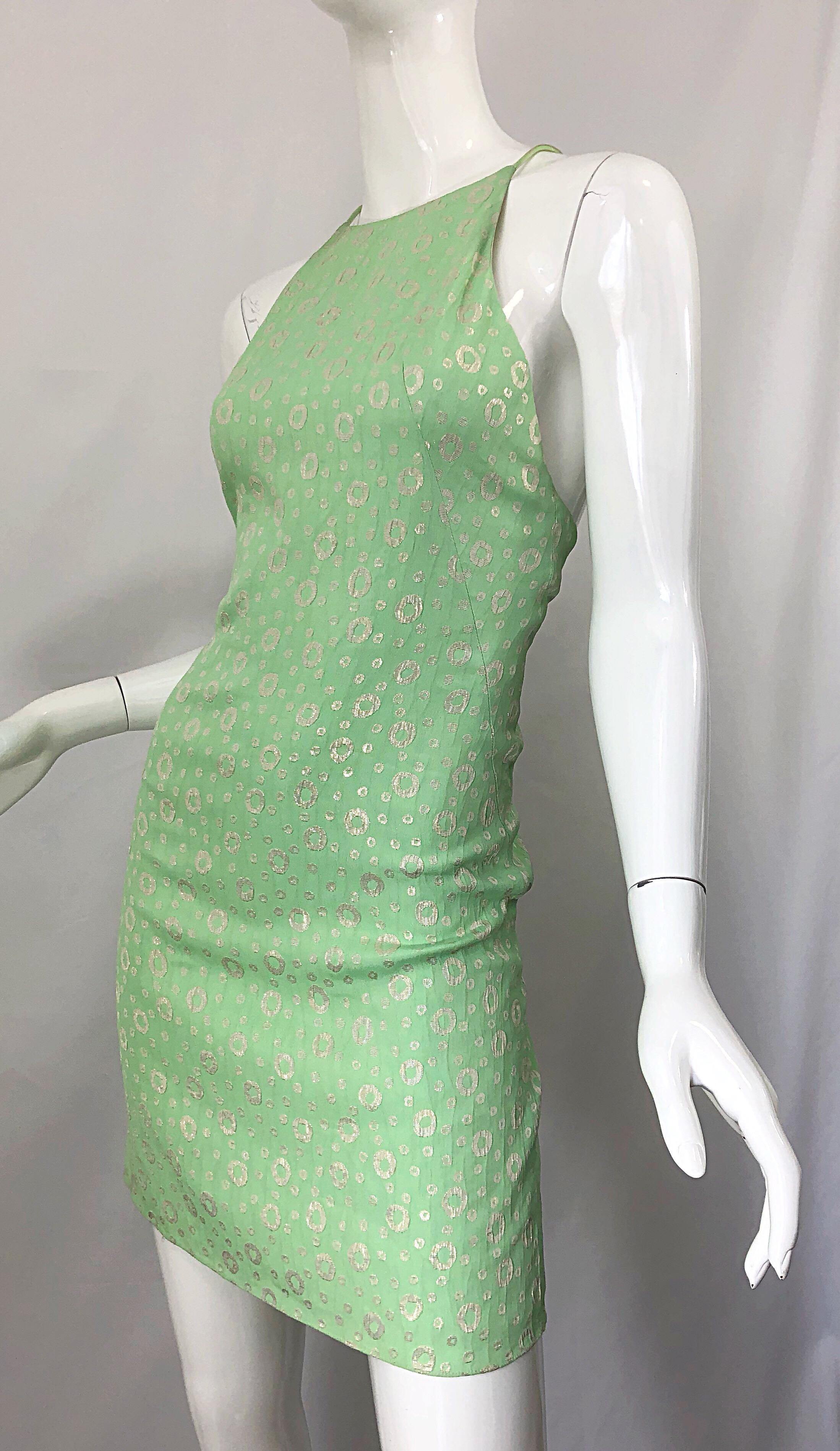 NWT 1990s James Purcell Size 4 / 6 Mint Sherbet Green Gold Racerback Silk Dress For Sale 5