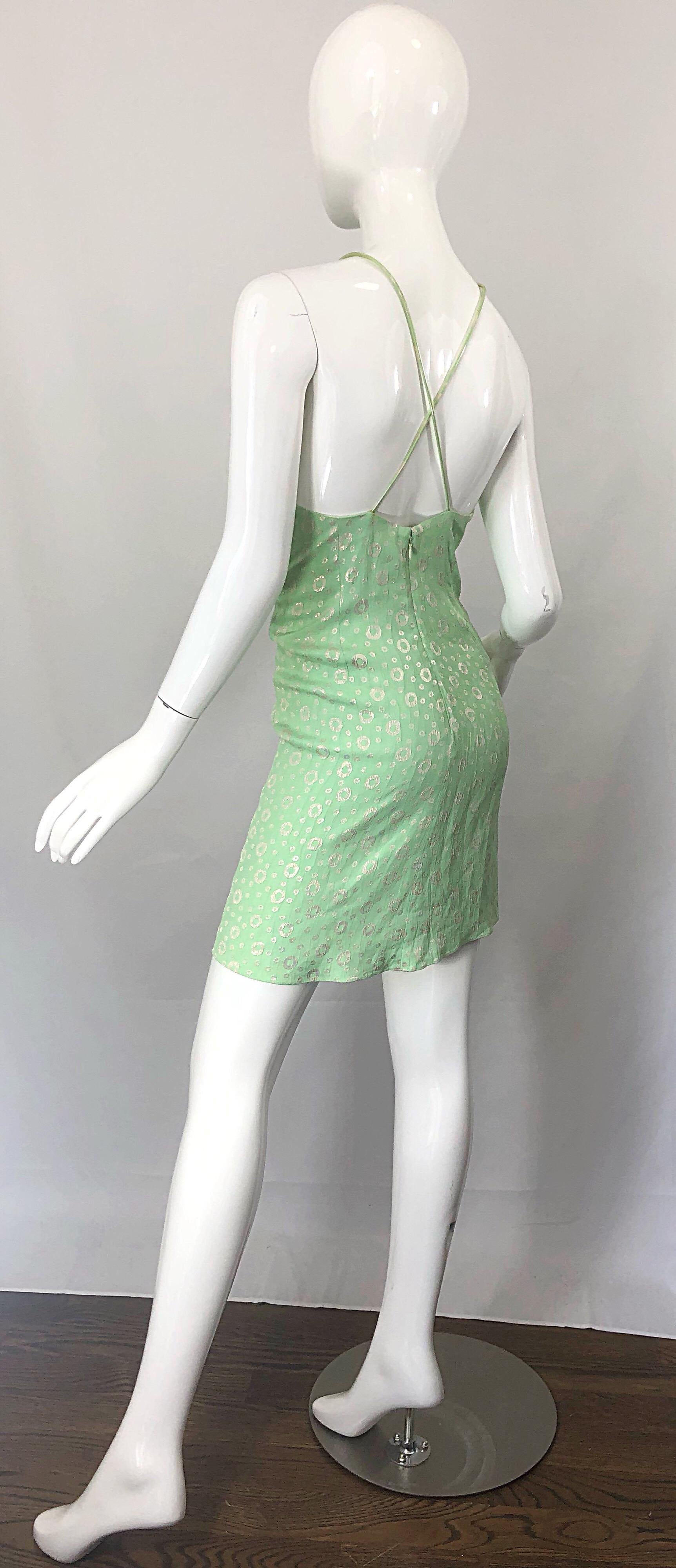 NWT 1990s James Purcell Taglia 4 / 6 Mint Sherbet Green Gold Racerback Silk Dress in vendita 8