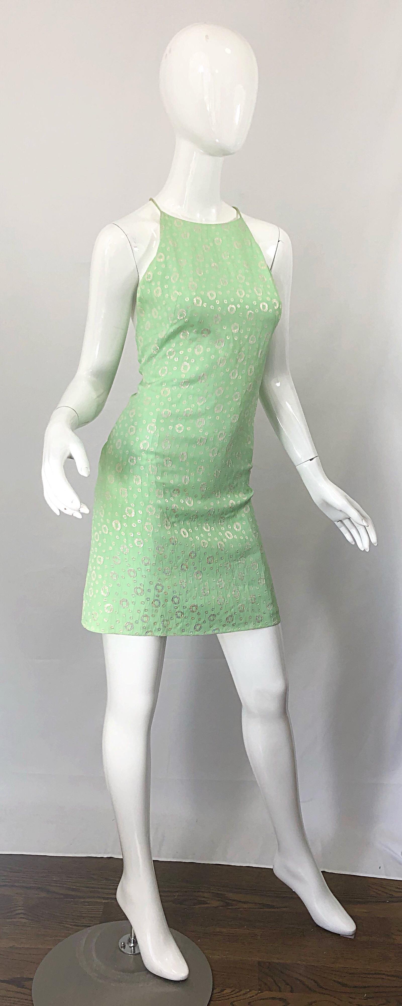 NWT 1990s James Purcell Size 4 / 6 Mint Sherbet Green Gold Racerback Silk Dress For Sale 7