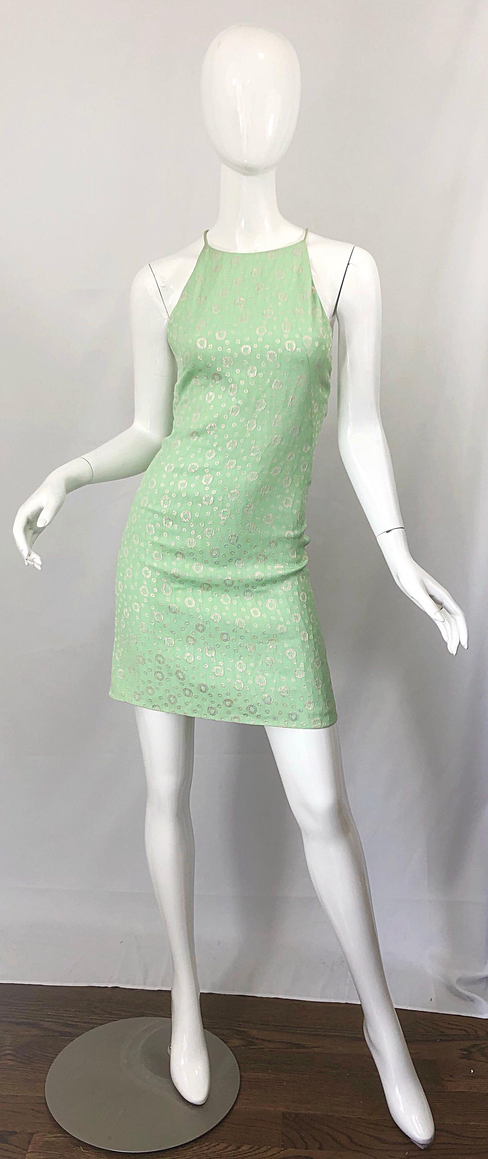 NWT 1990s James Purcell Size 4 / 6 Mint Sherbet Green Gold Racerback Silk Dress For Sale 8