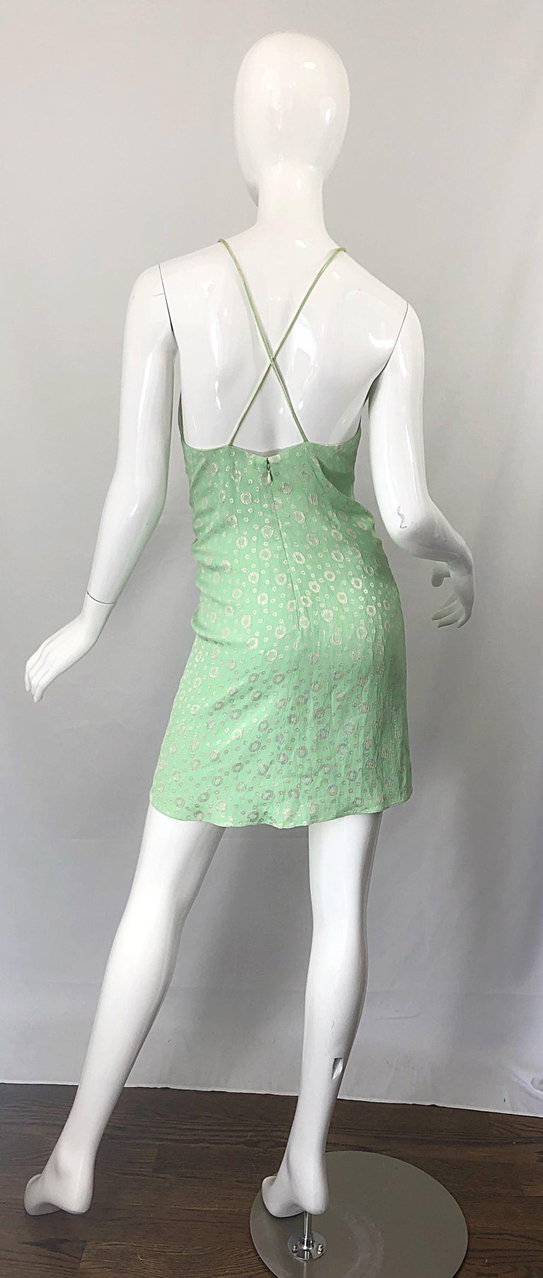 NWT 1990s James Purcell Size 4 / 6 Mint Sherbet Green Gold Racerback Silk Dress In New Condition For Sale In San Diego, CA