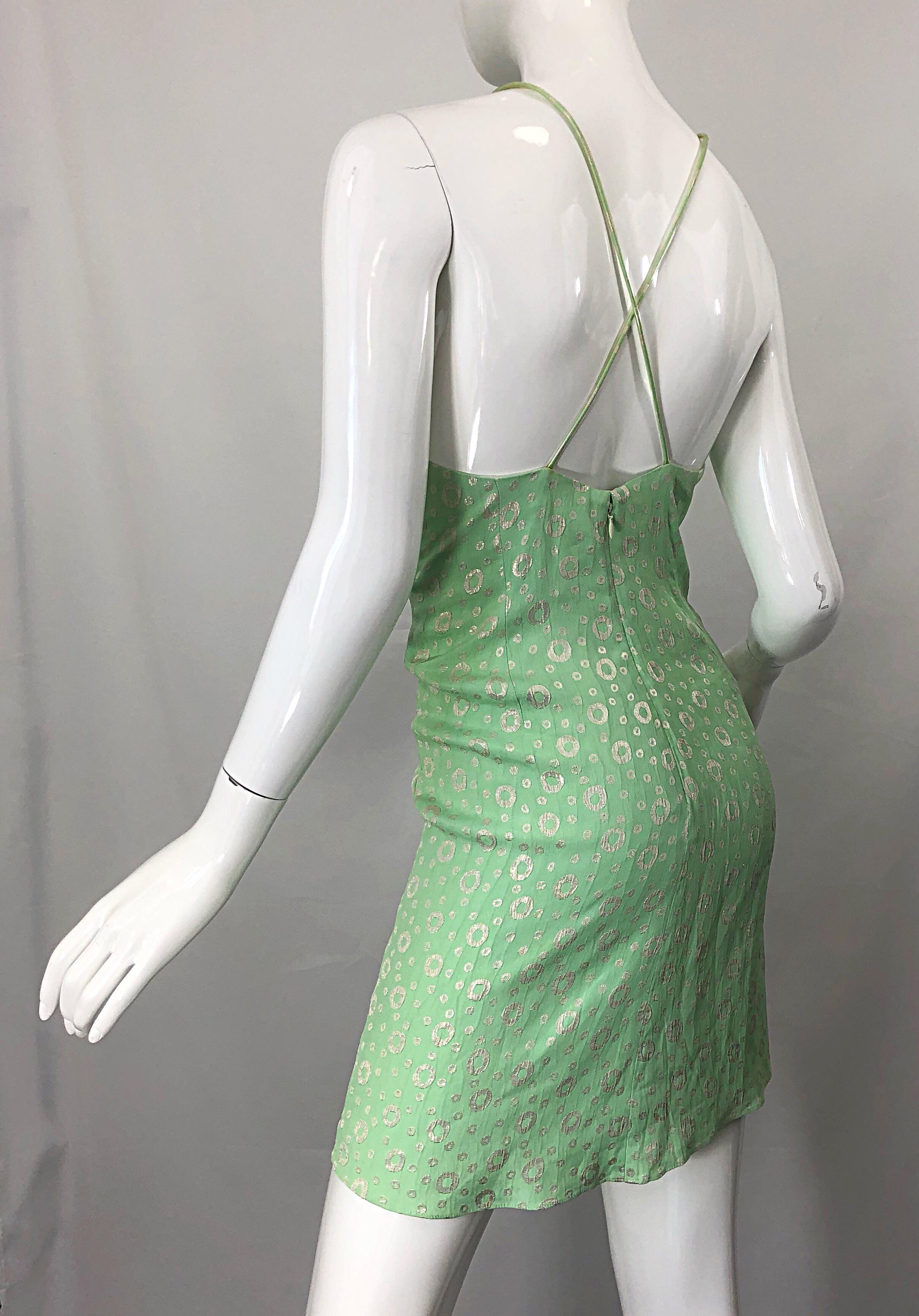 NWT 1990s James Purcell Taglia 4 / 6 Mint Sherbet Green Gold Racerback Silk Dress in vendita 1