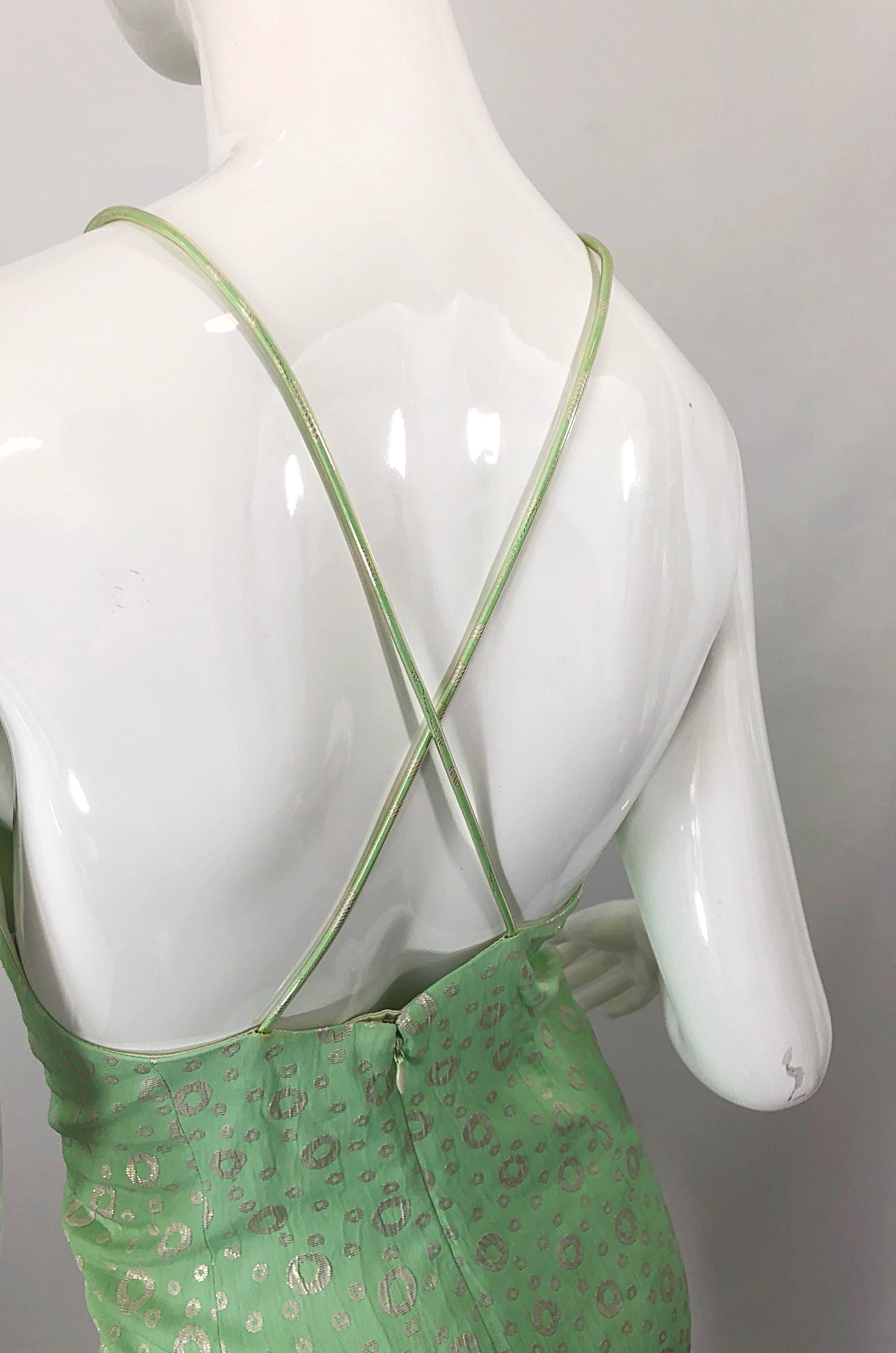 Women's NWT 1990s James Purcell Size 4 / 6 Mint Sherbet Green Gold Racerback Silk Dress For Sale