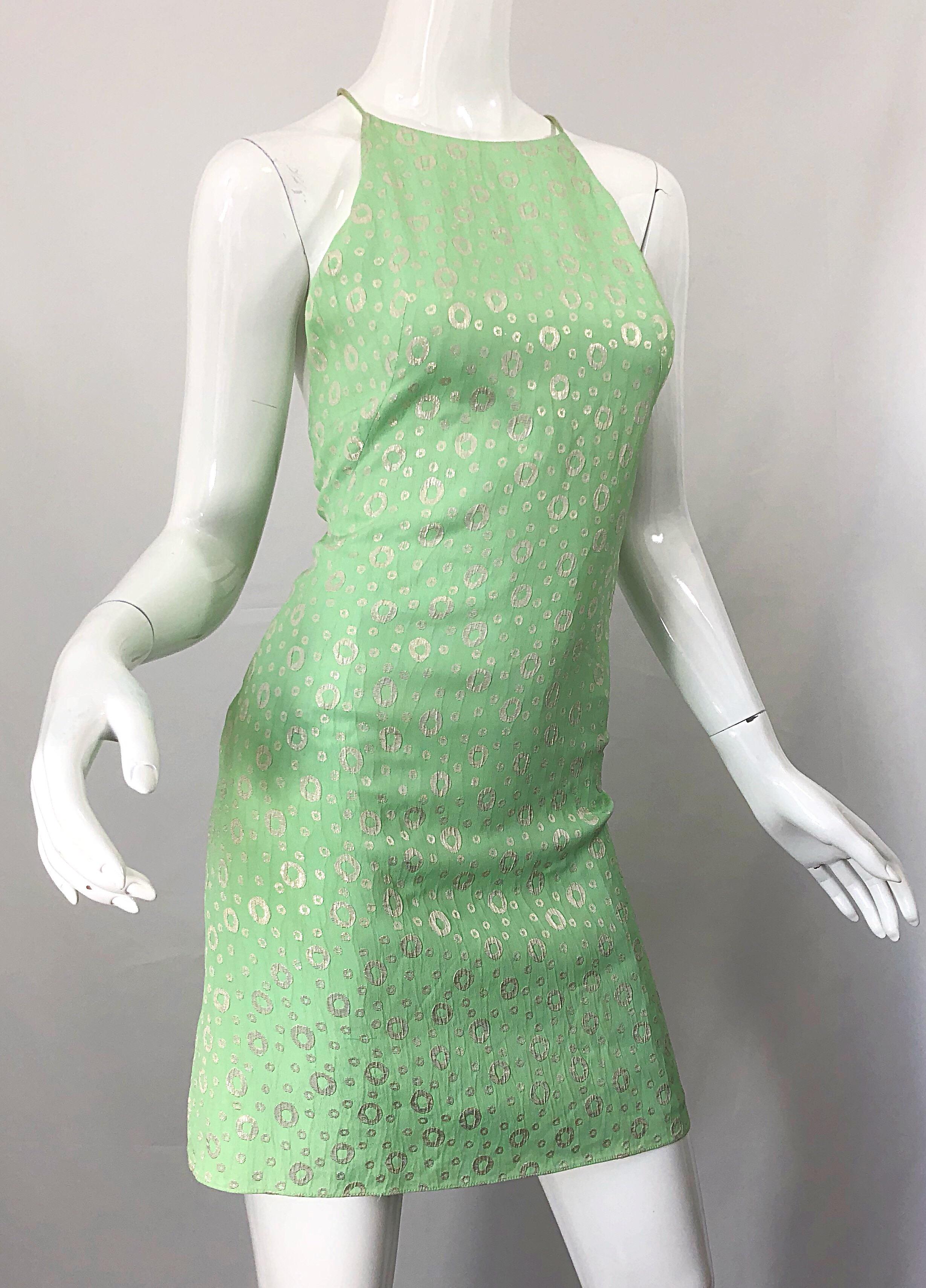 NWT 1990s James Purcell Size 4 / 6 Mint Sherbet Green Gold Racerback Silk Dress For Sale 1