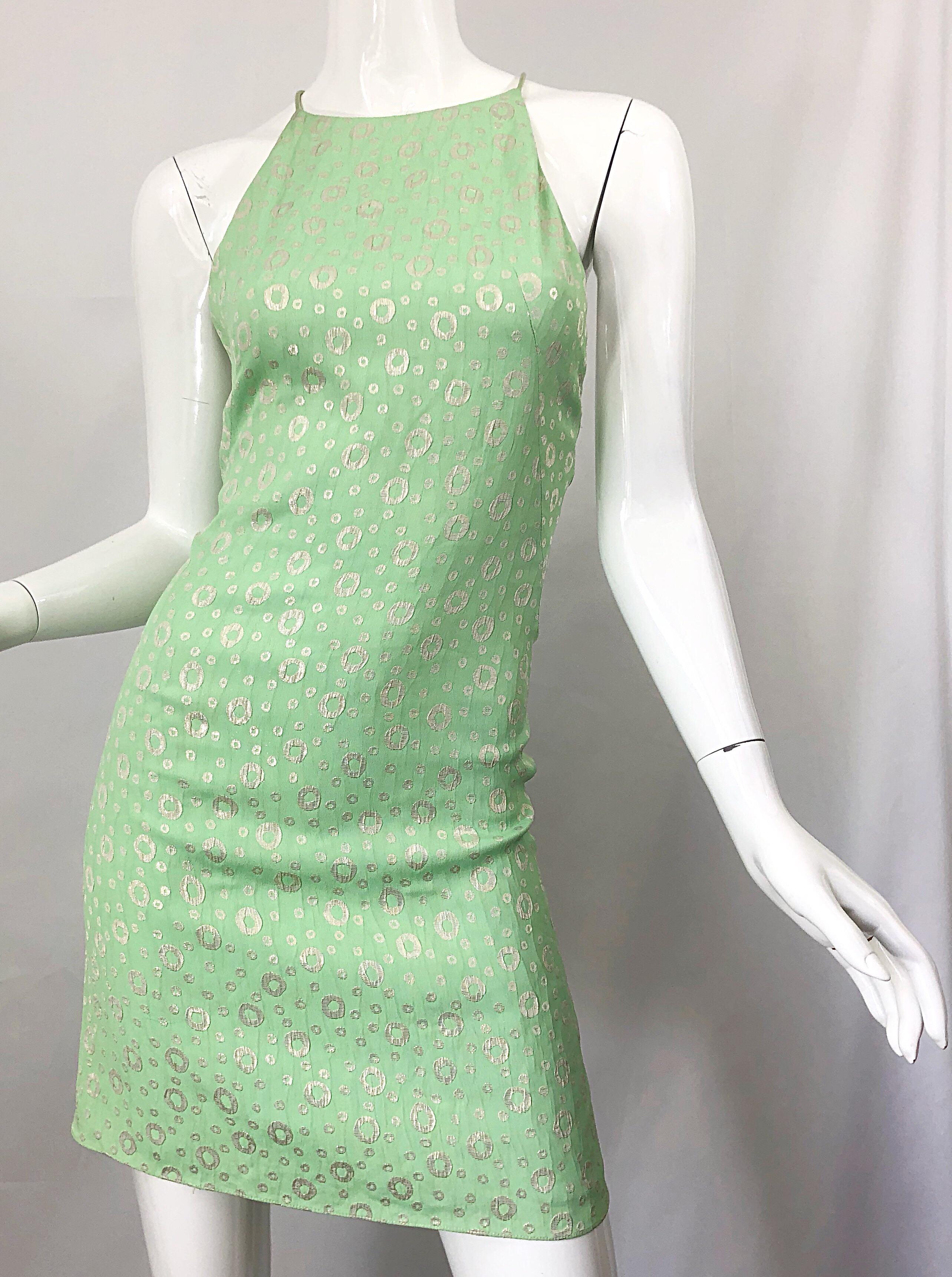 NWT 1990s James Purcell Size 4 / 6 Mint Sherbet Green Gold Racerback Silk Dress For Sale 2