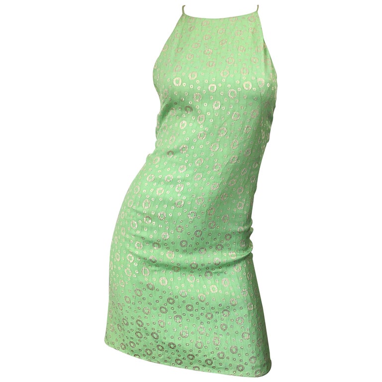 Nwt 1990s James Purcell Size 4 / 6 Mint Sherbet Green Gold Racerback Silk Dress