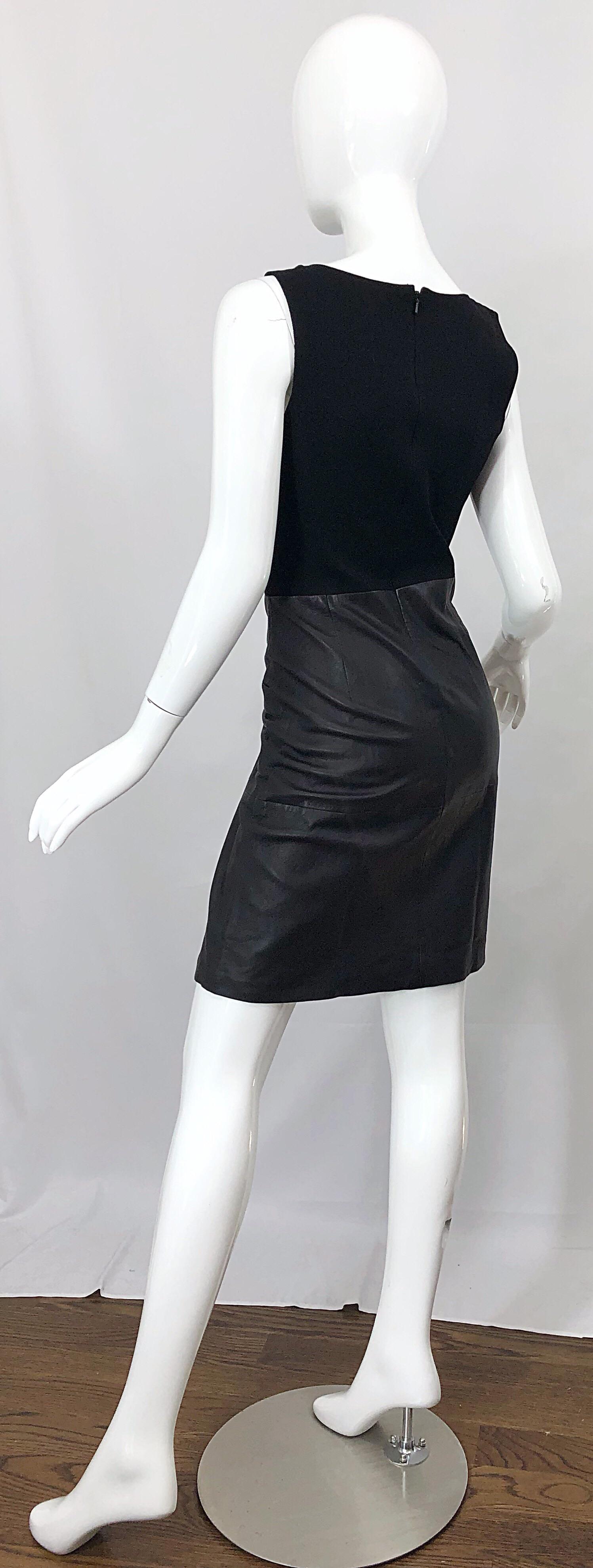 NWT 1990s Jean Louis Scherrer Black Leather + Jersey Bodycon Vintage 90s Dress For Sale 5