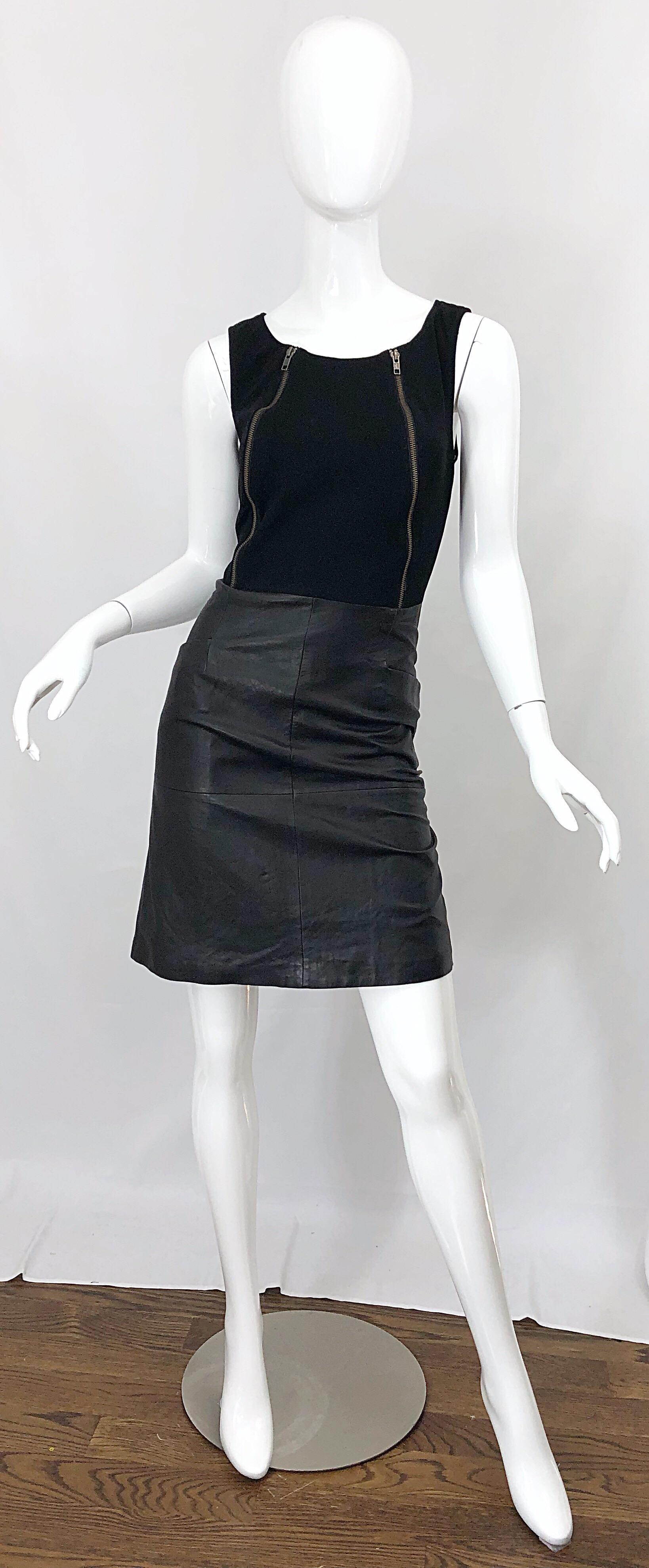 NWT 1990s Jean Louis Scherrer Black Leather + Jersey Bodycon Vintage 90s Dress For Sale 6