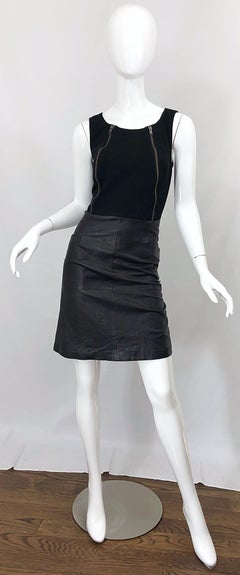 NWT 1990s Jean Louis Scherrer Black Leather + Jersey Bodycon Vintage 90s Dress