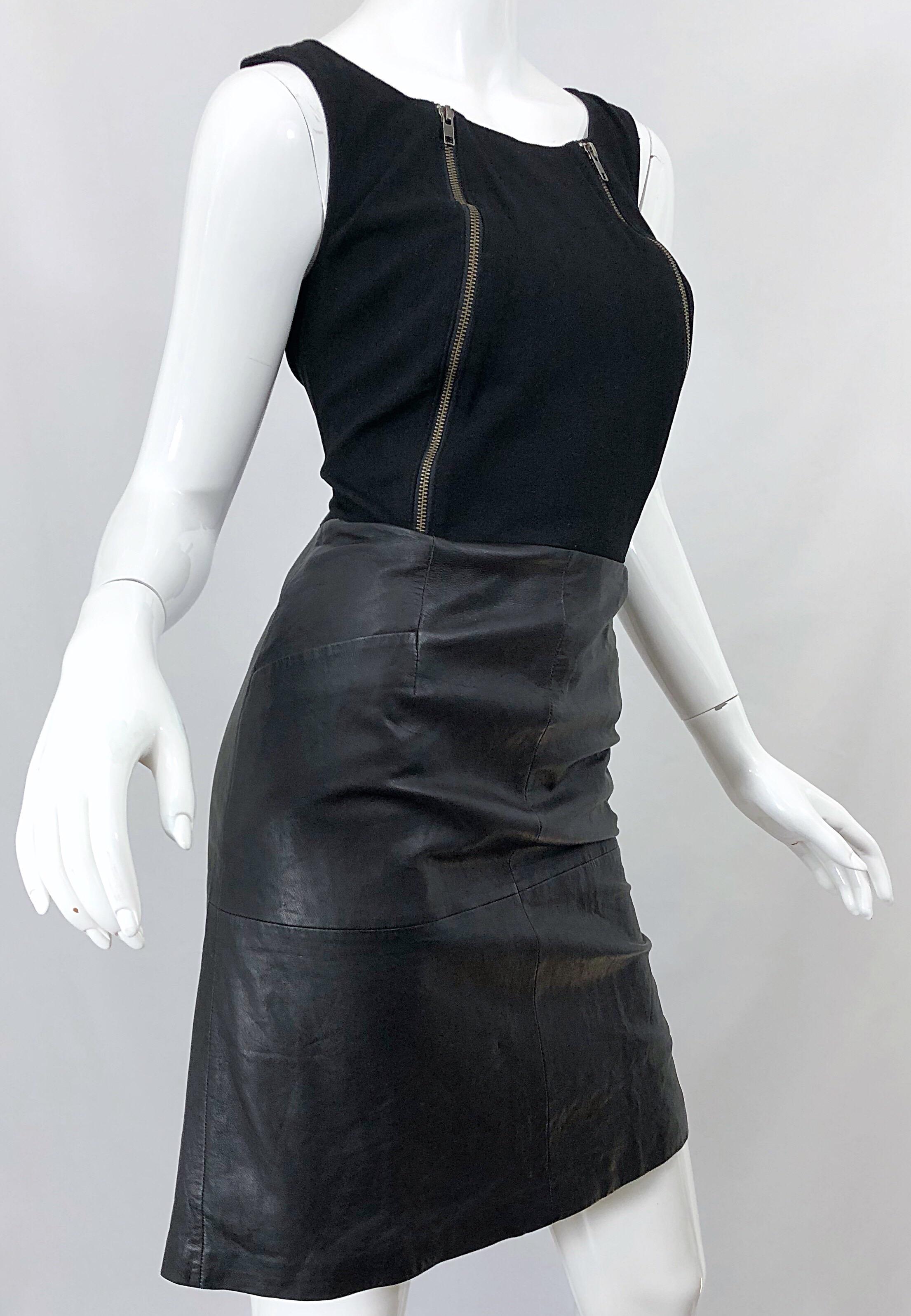 NWT 1990s Jean Louis Scherrer Black Leather + Jersey Bodycon Vintage 90s Dress In New Condition For Sale In San Diego, CA