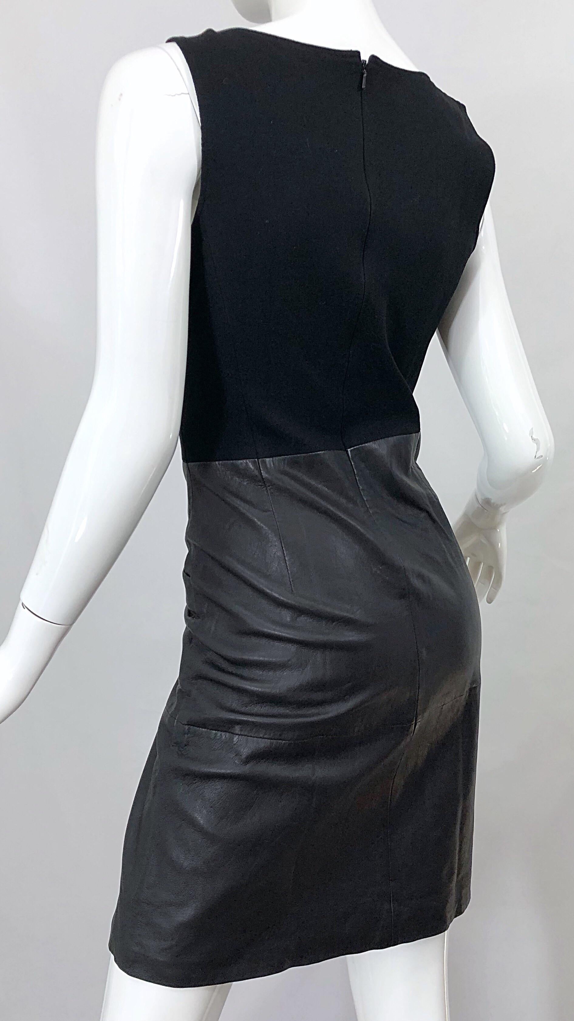Women's NWT 1990s Jean Louis Scherrer Black Leather + Jersey Bodycon Vintage 90s Dress For Sale