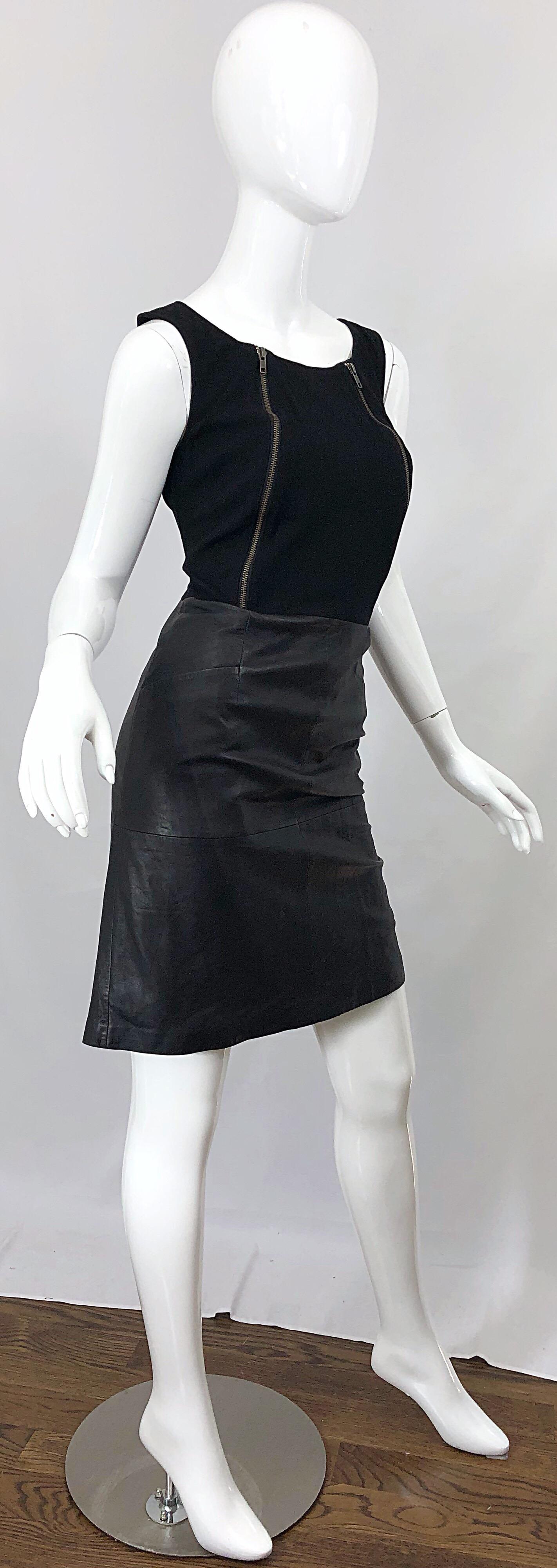 NWT 1990s Jean Louis Scherrer Black Leather + Jersey Bodycon Vintage 90s Dress For Sale 1