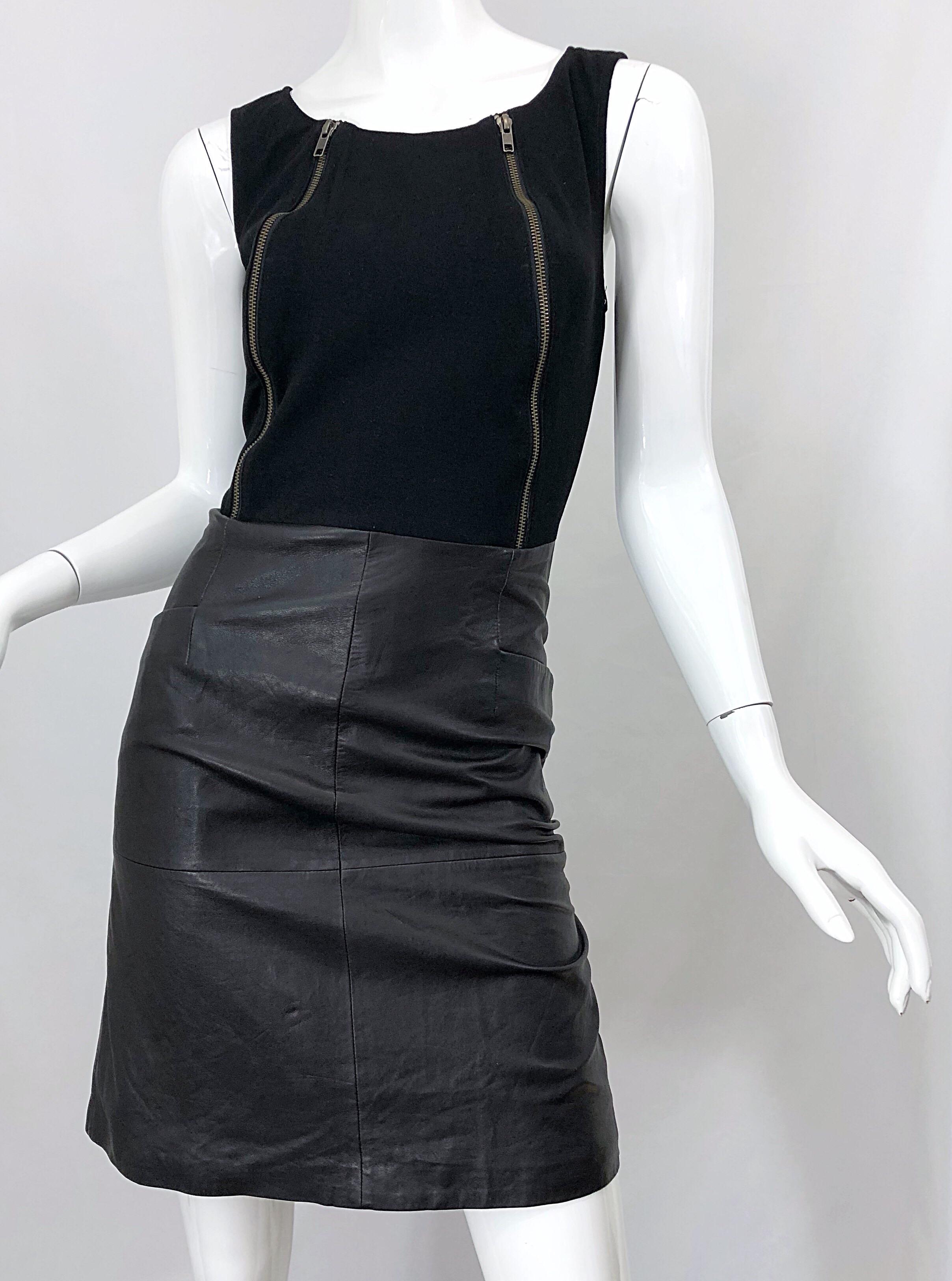 NWT 1990s Jean Louis Scherrer Black Leather + Jersey Bodycon Vintage 90s Dress For Sale 2
