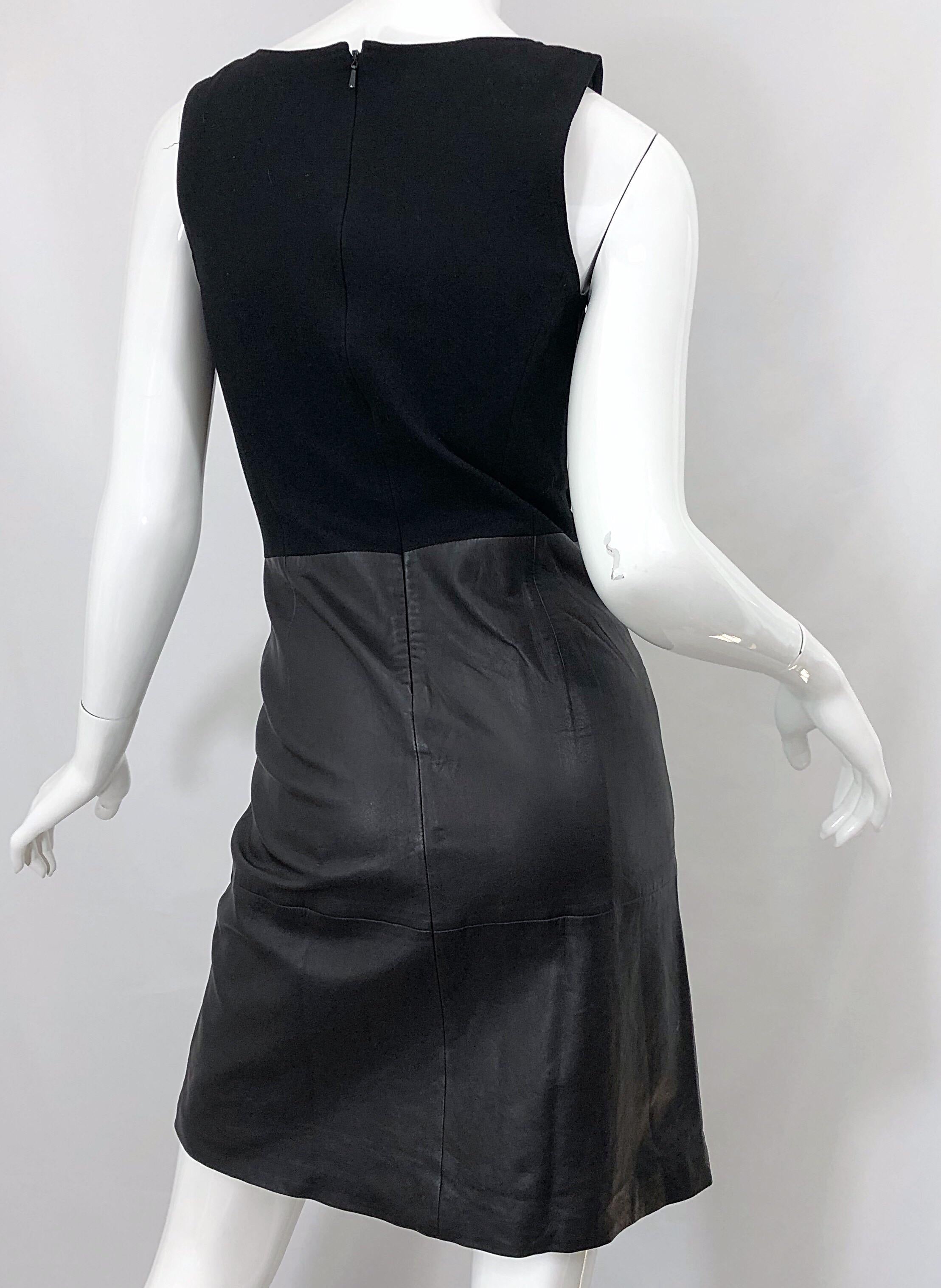 NWT 1990s Jean Louis Scherrer Black Leather + Jersey Bodycon Vintage 90s Dress For Sale 3