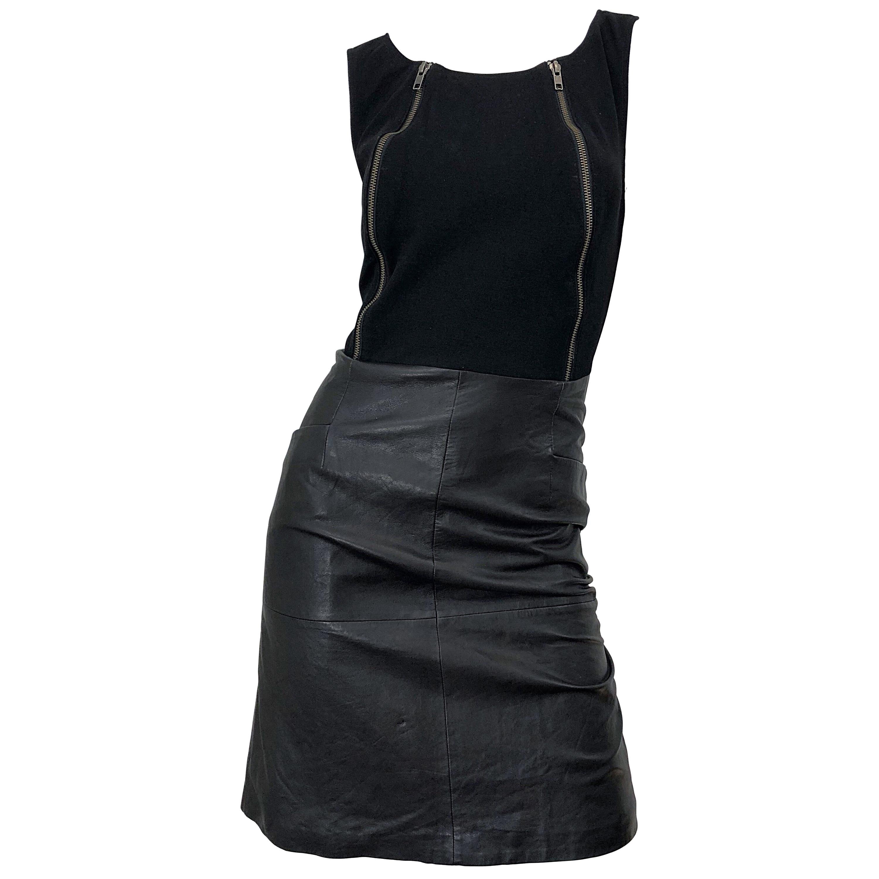 NWT 1990s Jean Louis Scherrer Black Leather + Jersey Bodycon Vintage 90s Dress For Sale