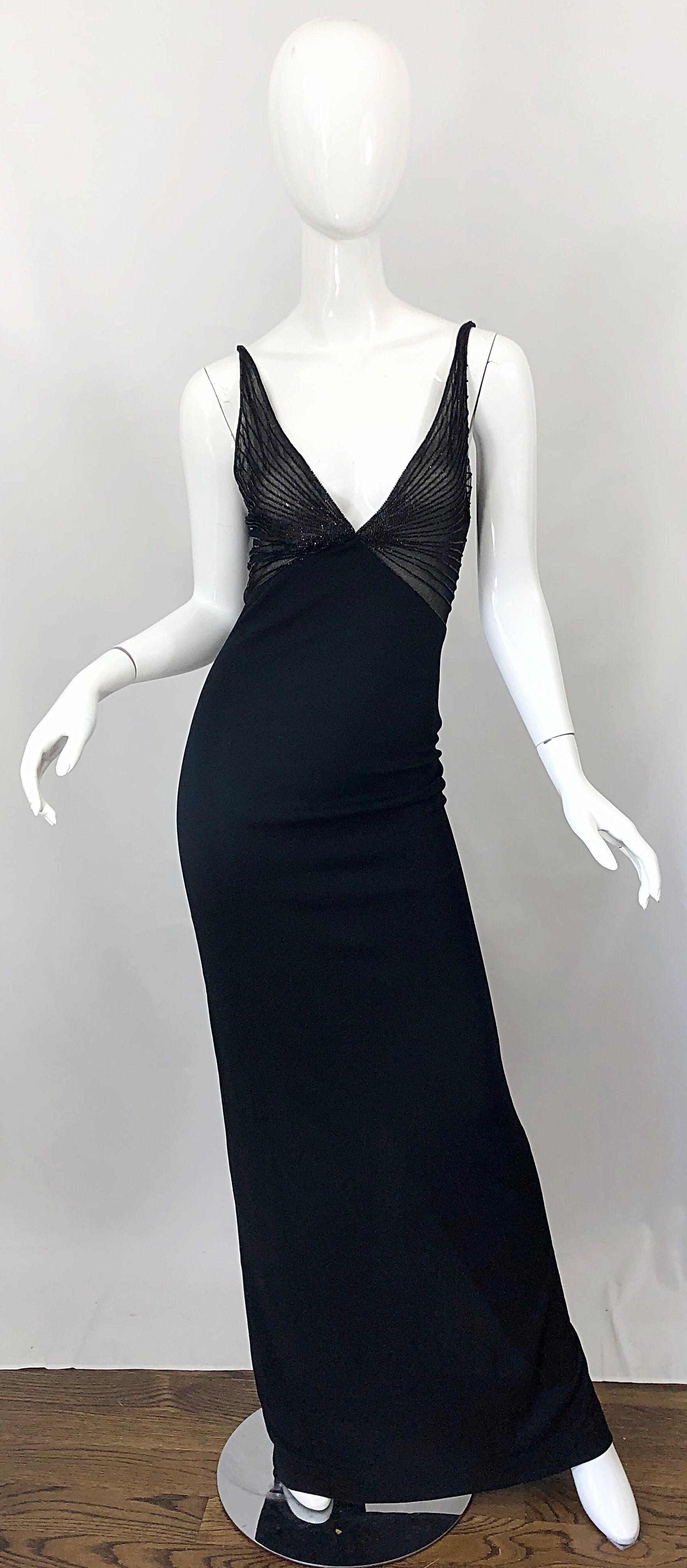 NWT 1990s Randolph Duke Couture Size 12 Black 90s Plunging Semi Sheer Gown Dress 12
