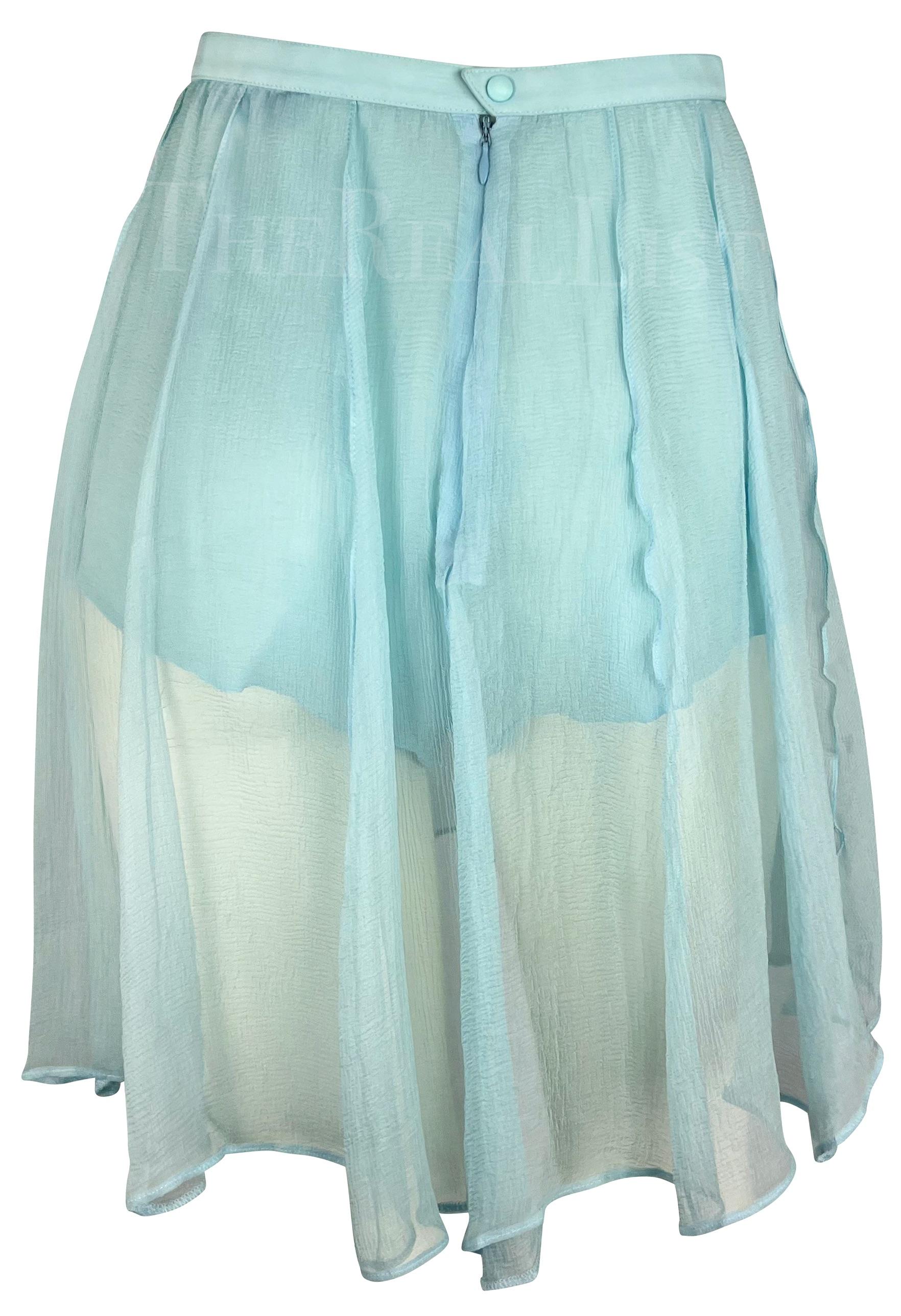 Women's NWT 1990s Thierry Mugler Light Blue Sheer Pleated Silk Skirt Short Combo For Sale