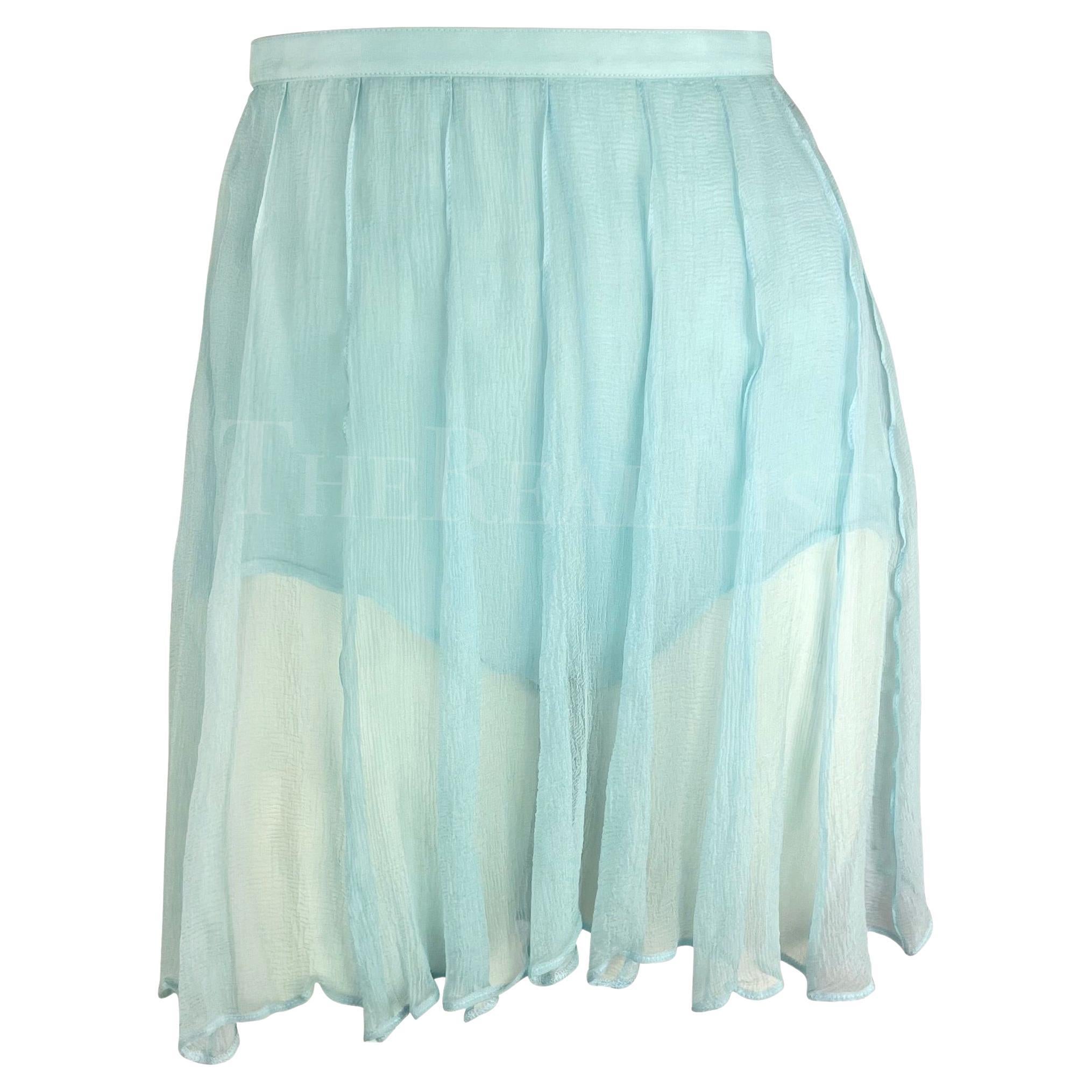 NWT 1990s Thierry Mugler Light Blue Sheer Pleated Silk Skirt Short Combo For Sale