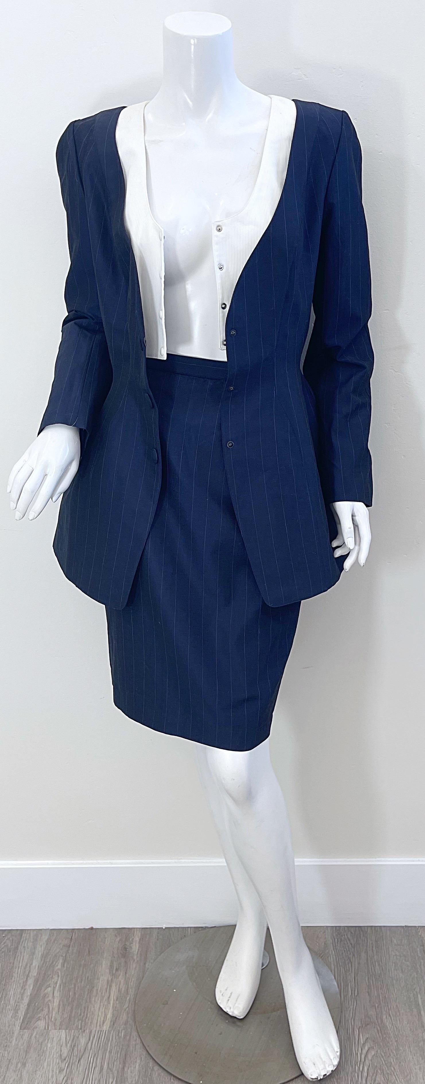 NWT 1990s Thierry Mugler Navy Blue Pinstripe Size 4 Vintage 90s Skirt Suit For Sale 3