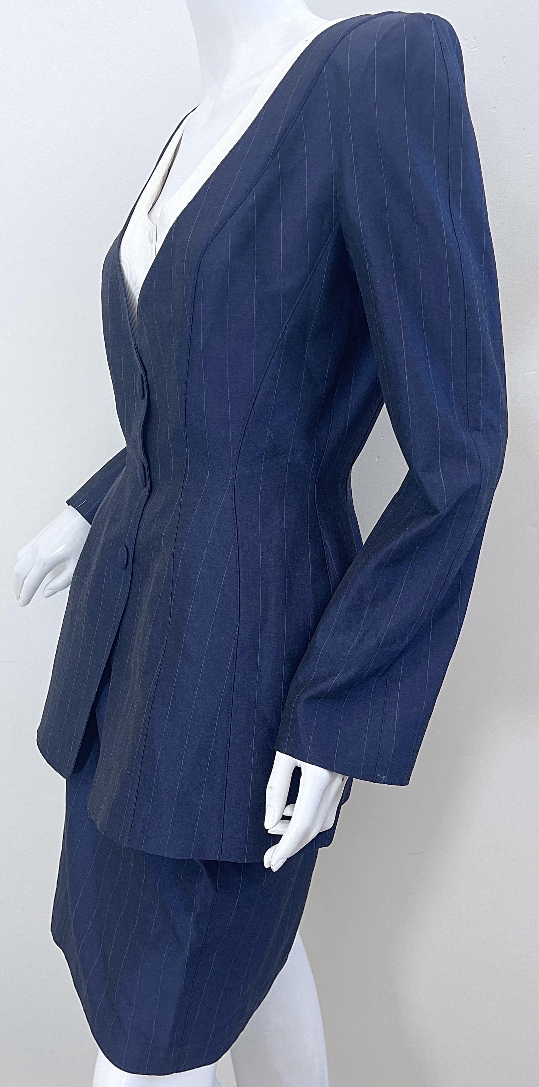 NWT 1990s Thierry Mugler Navy Blue Pinstripe Size 4 Vintage 90s Skirt Suit For Sale 4