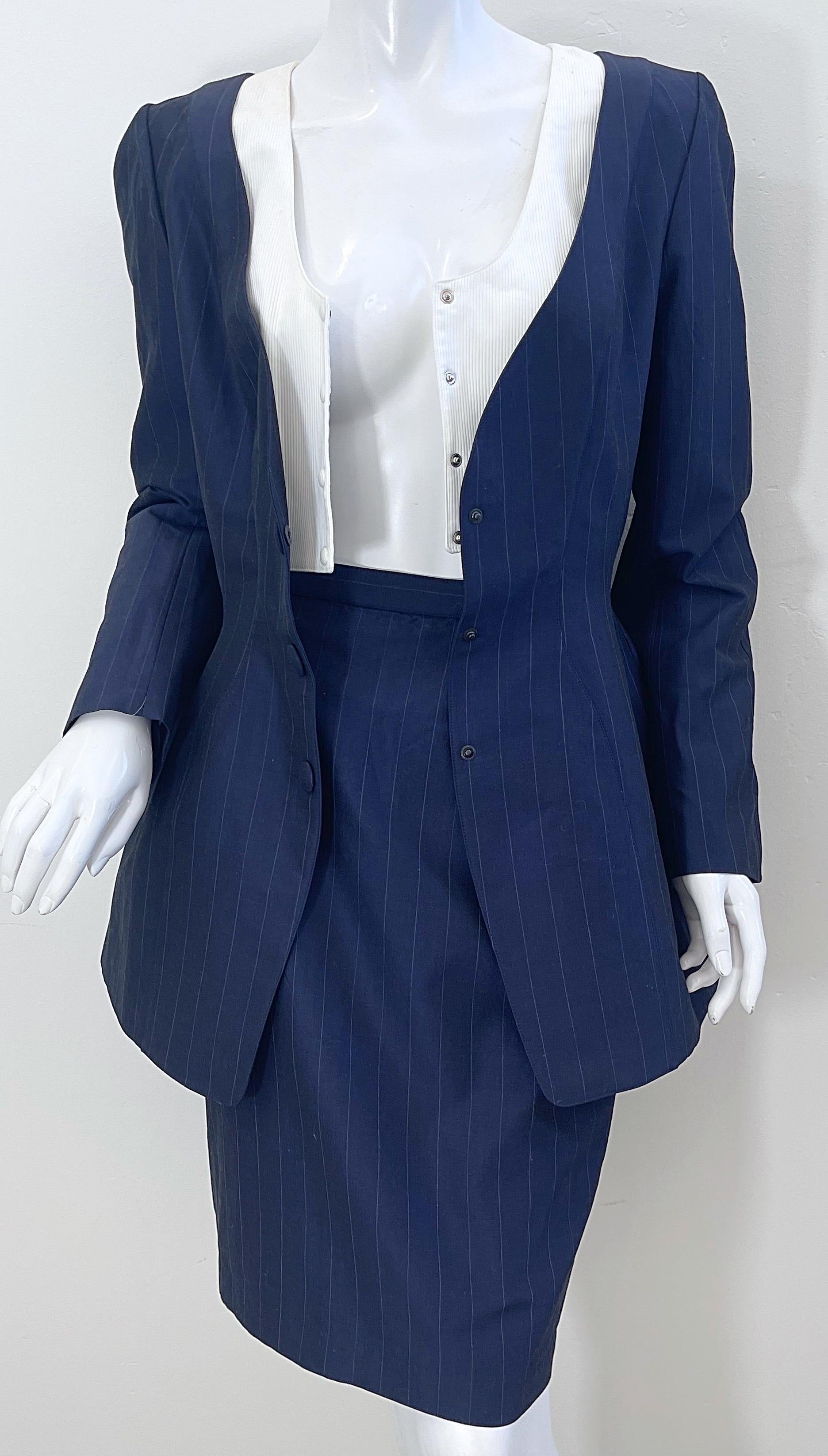 NWT 1990s Thierry Mugler Navy Blue Pinstripe Size 4 Vintage 90s Skirt Suit In New Condition For Sale In San Diego, CA