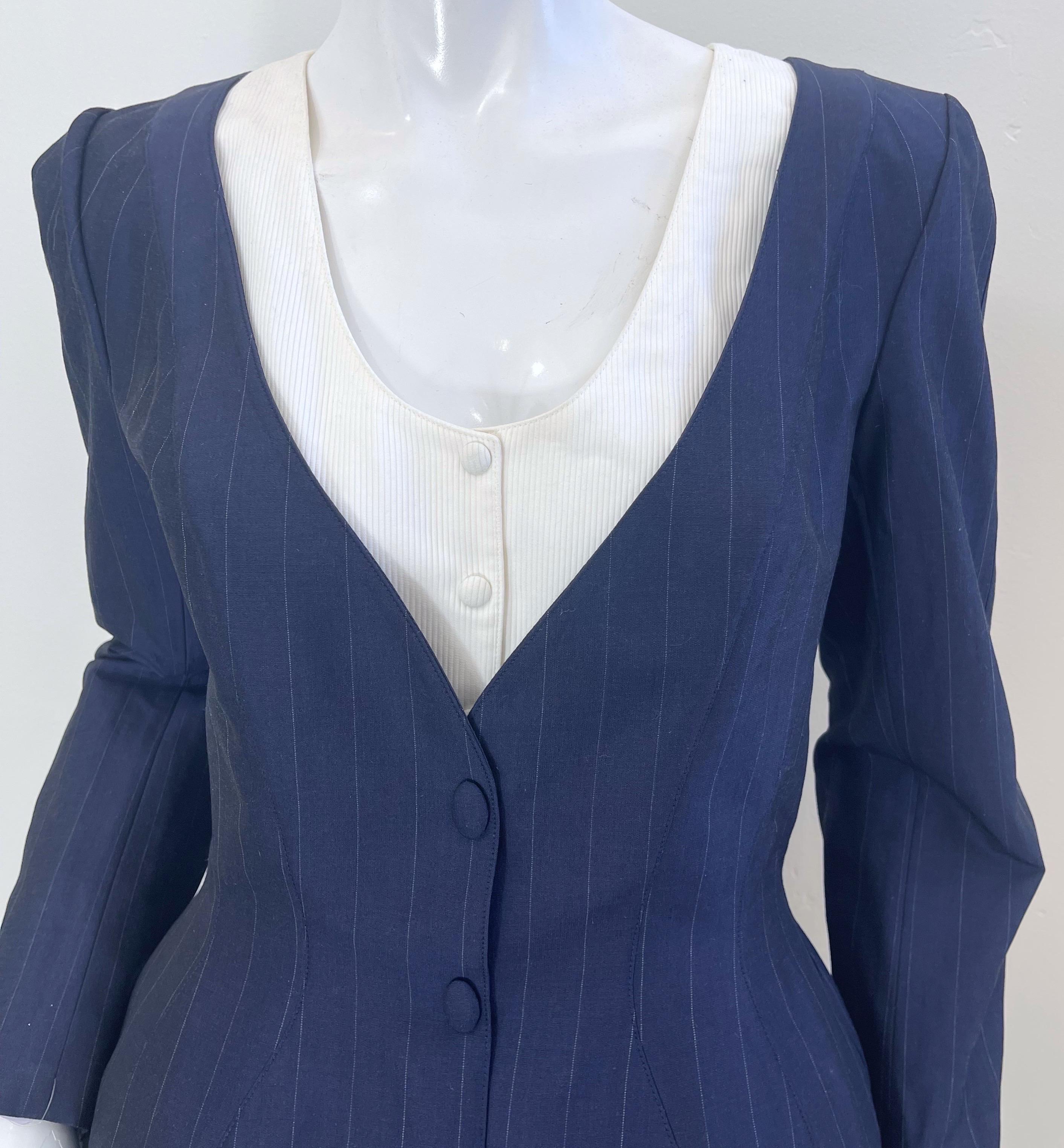 Women's NWT 1990s Thierry Mugler Navy Blue Pinstripe Size 4 Vintage 90s Skirt Suit For Sale
