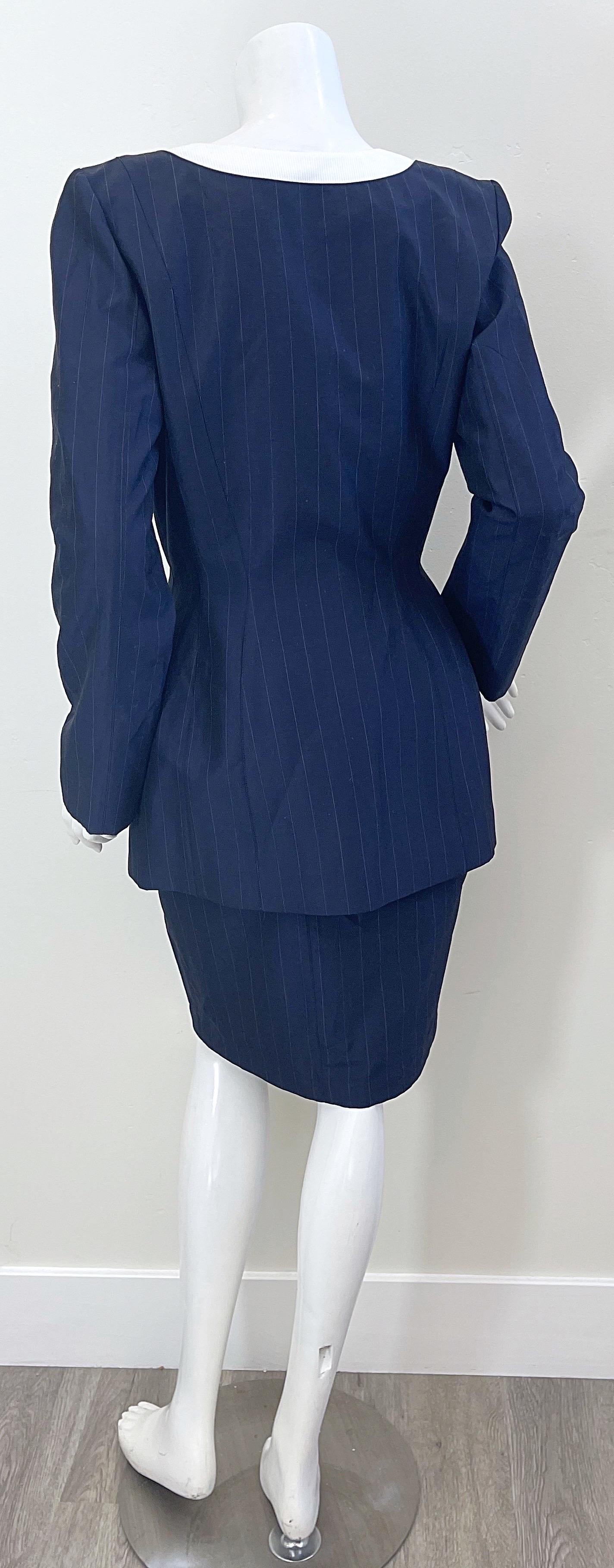 NWT 1990s Thierry Mugler Navy Blue Pinstripe Size 4 Vintage 90s Skirt Suit For Sale 1