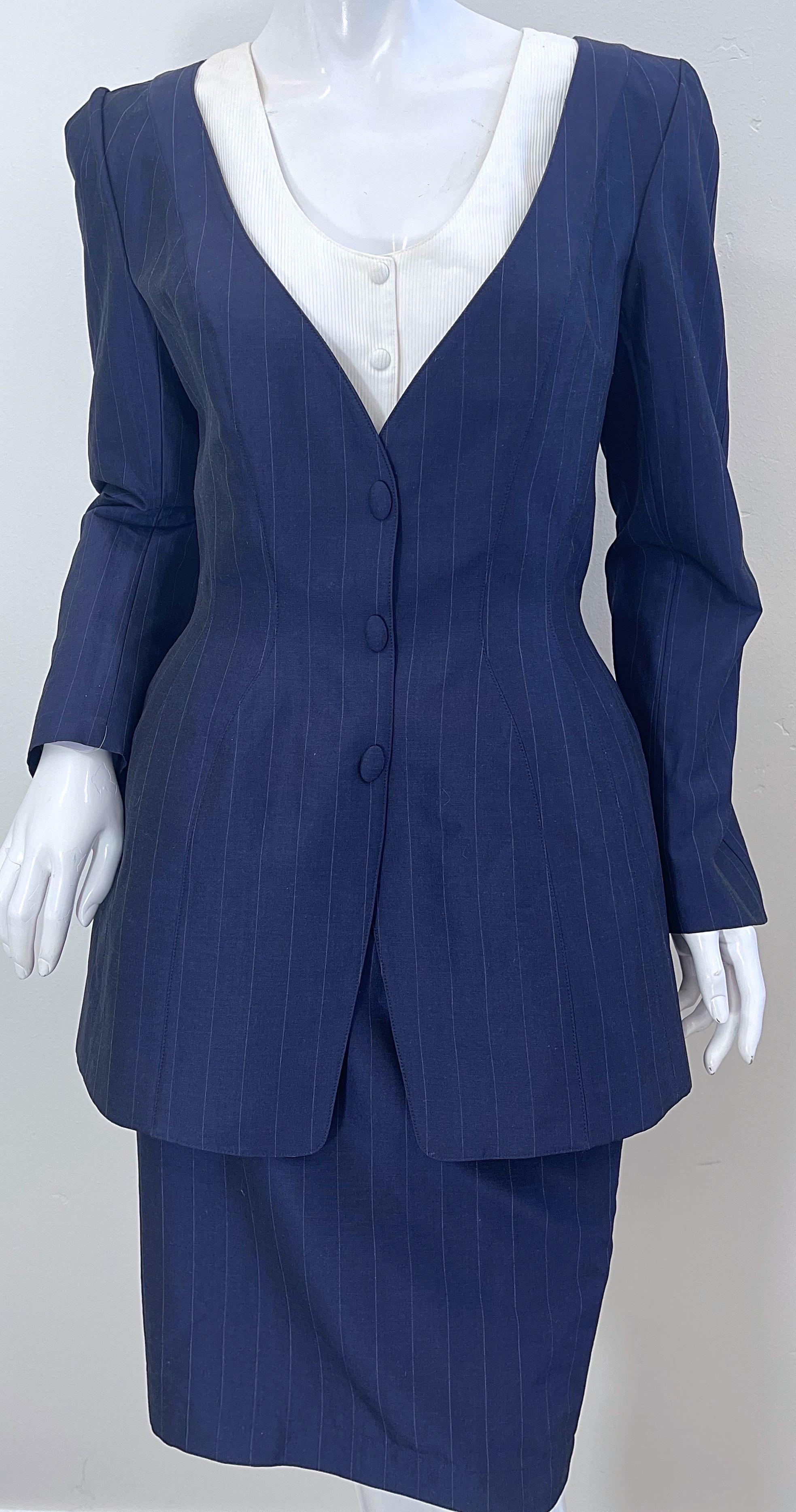 NWT 1990s Thierry Mugler Navy Blue Pinstripe Size 4 Vintage 90s Skirt Suit For Sale 2