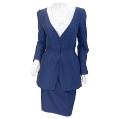NWT anni '90 Thierry Mugler gessato blu navy taglia 4 Vintage 90s Gonna Abito