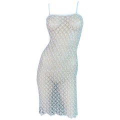 Vintage NWT 1990's Versace Classic Sheer Ivory Knit Midi Pin-Up Wiggle Dress