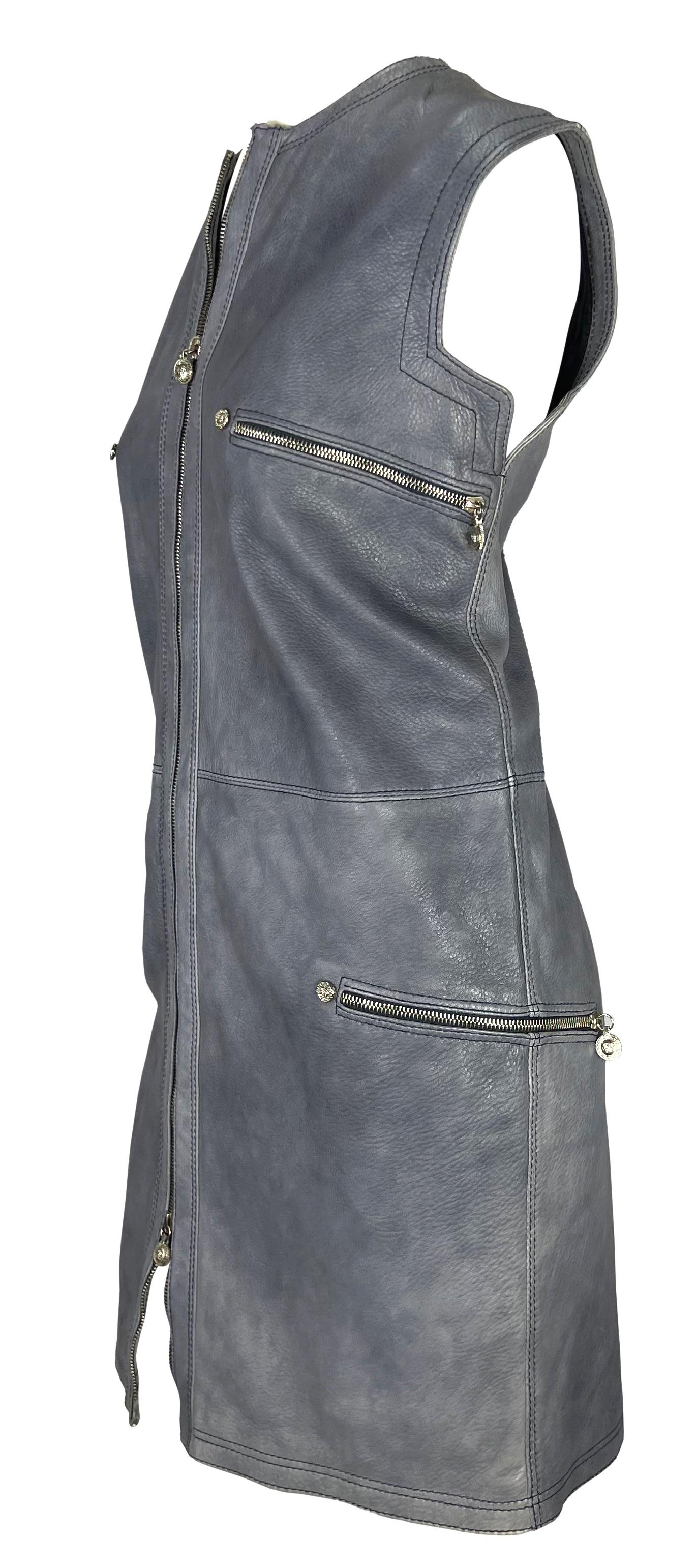 Gray NWT 1996 Gianni Versace Distressed Leather Medusa Zip Shift Dress For Sale