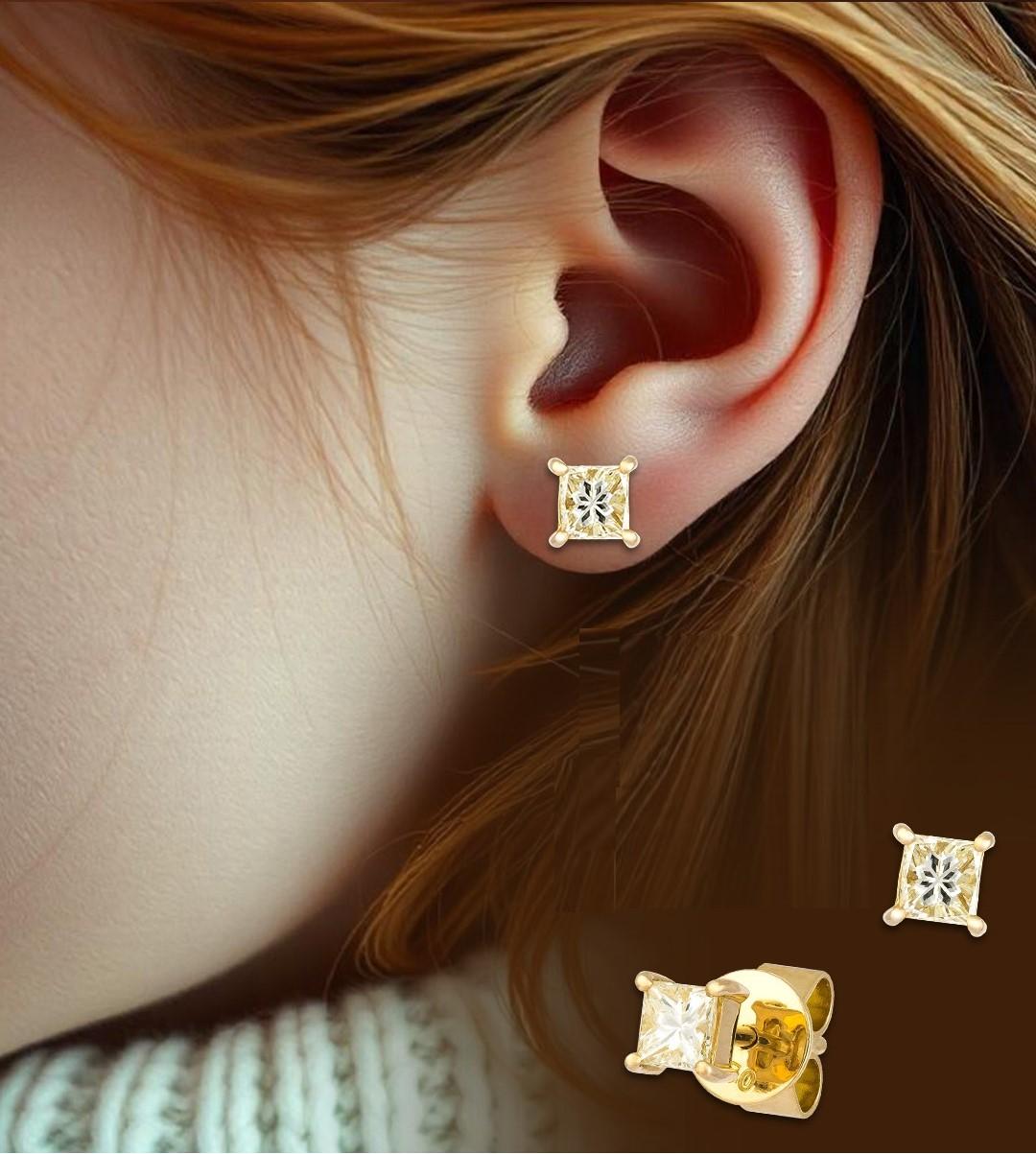 Mixed Cut NWT $2, 200 18KT Large Fancy Glittering Yellow Diamond Stud Earrings