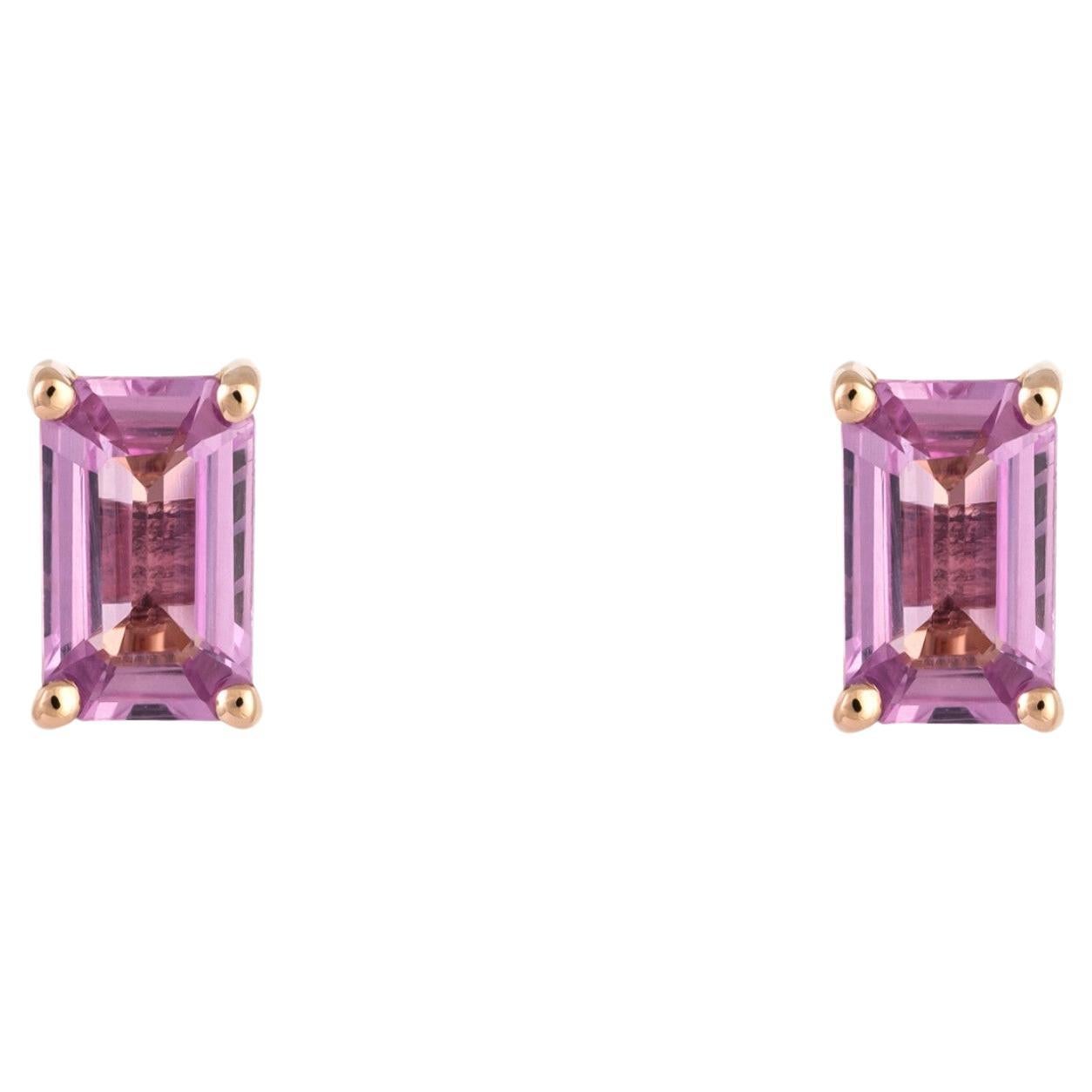 NWT $2, 625 18KT Glittering Fancy Pink Sapphire Emerald Cut Stud Earrings Studs
